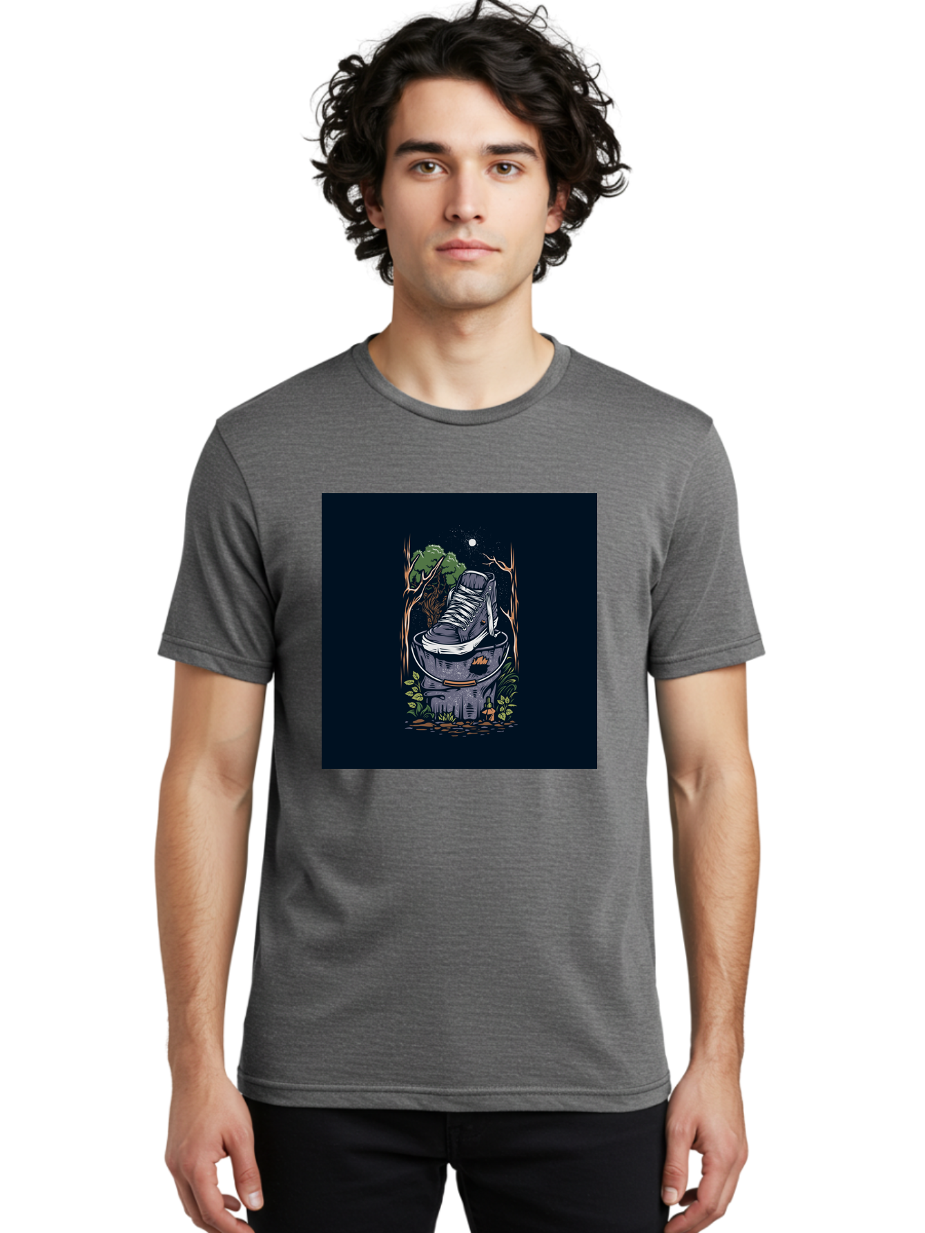 Shoe-Can Men'S Graphic Tee, 100% Cotton, Comfortable Casual Summer Wear, Machine Washable, Sneaker In Bucket, Streetwear Culture, Urban Jungle, Footwear, Bucket, Moonlight, Nighttime, Forest Scene, Vintage Art Aab480