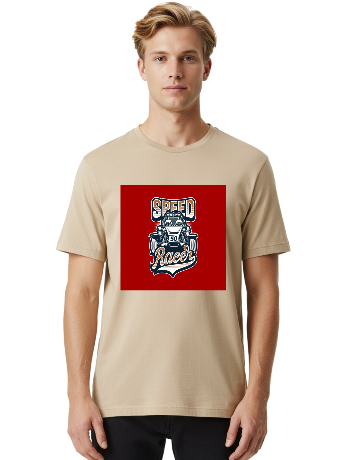 Speed-Racer Men'S Graphic Tee, 100% Cotton, Comfortable Casual Summer Wear, Machine Washable, Vintage Style Racing Car, Dune Buggy Illustration, Speed Racer Graphic, Retro Racing Art, Off-Road Vehicle, Motorsport Logo, Racing Number 50, Aab482