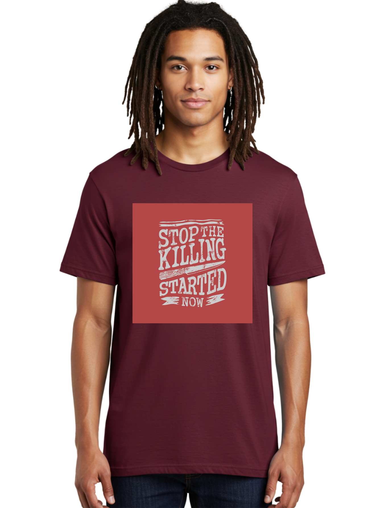 Stop-The-Killing-Started-Now Men'S Graphic Tee, 100% Cotton, Comfortable Casual Summer Wear, Machine Washable, Vegetarian Lifestyle, Animal Rights, Stop Killing, Vegan Movement, Cruelty Free, Bold Typography, Protest Art, Activist Message, Aab484