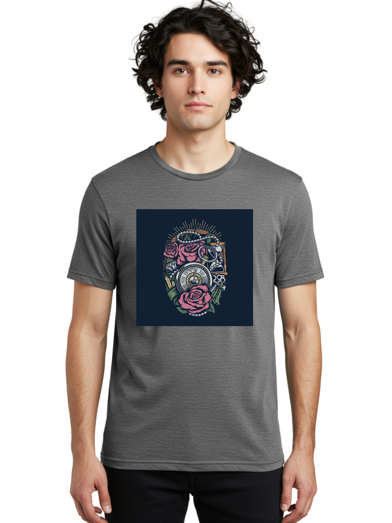 Tattoo-Roses-With-Pocket-Watch-Keys Men'S Graphic Tee, 100% Cotton, Comfortable Casual Summer Wear, Machine Washable, Pocket Watch, Roses, Floral Design, Vintage Clock, Jewelry, Keys, Tattoo Art, Intricate Details, Classic Style, Aab486
