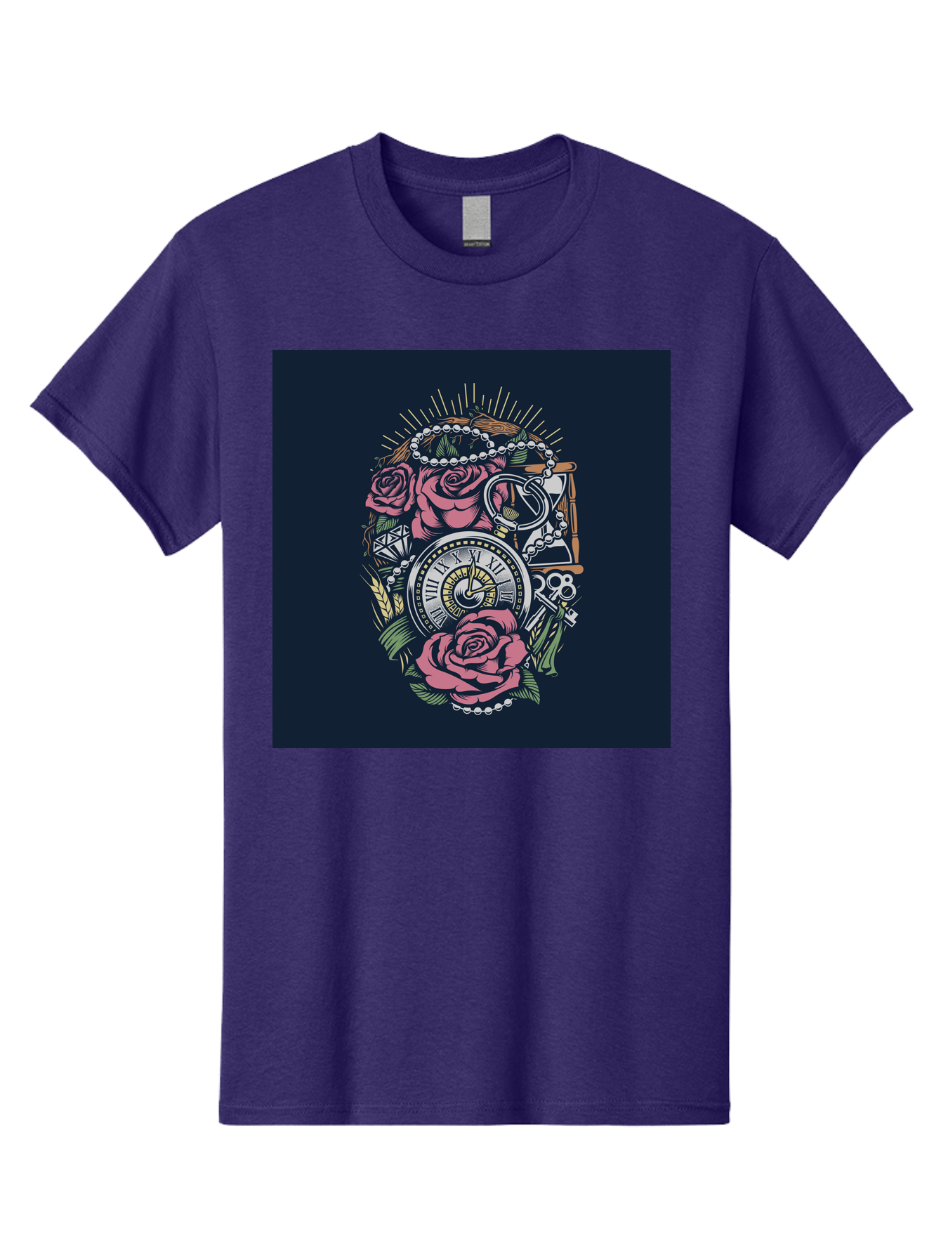 Tattoo-Roses-With-Pocket-Watch-Keys Men'S Graphic Tee, 100% Cotton, Comfortable Casual Summer Wear, Machine Washable, Pocket Watch, Roses, Floral Design, Vintage Clock, Jewelry, Keys, Tattoo Art, Intricate Details, Classic Style, Aab486