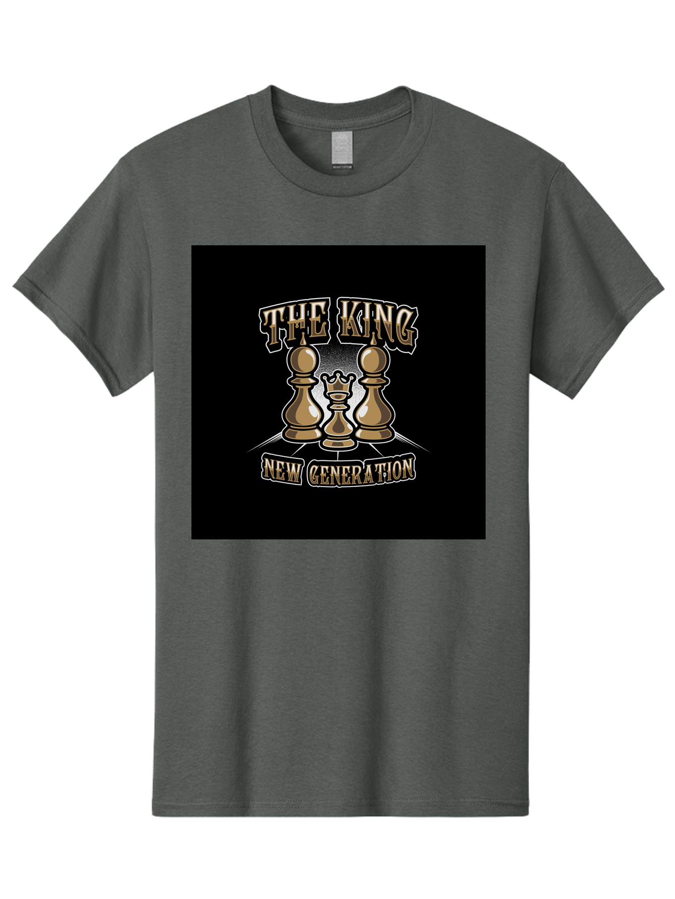 The-King-New-Generation Men'S Graphic Tee, 100% Cotton, Comfortable Casual Summer Wear, Machine Washable, Chess Pieces, The King, New Generation, Leadership, Strategy, Gold Pieces, Pawn, Queen, King, Black Background, Logo Design, Branding, Aab487