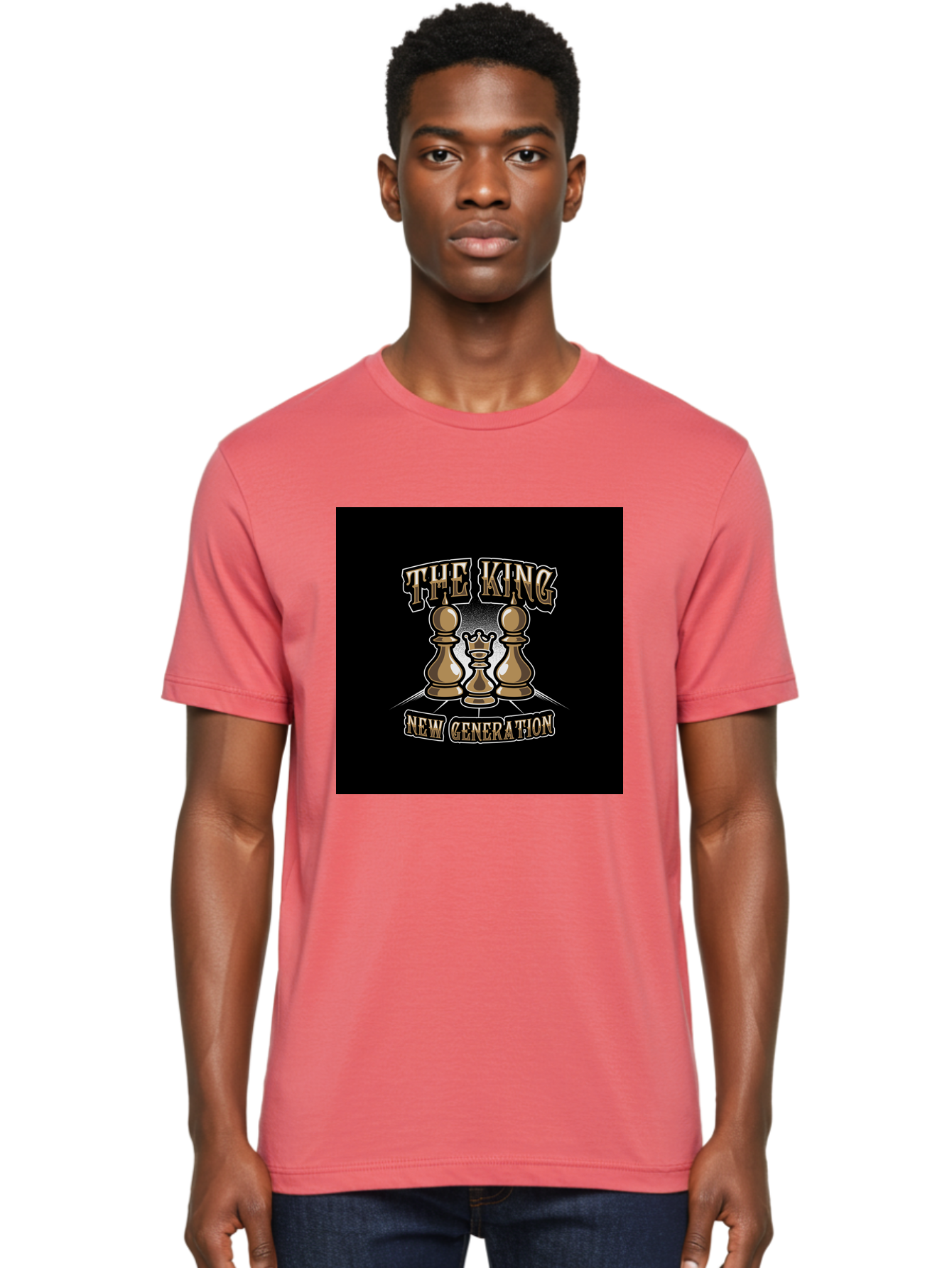 The-King-New-Generation Men'S Graphic Tee, 100% Cotton, Comfortable Casual Summer Wear, Machine Washable, Chess Pieces, The King, New Generation, Leadership, Strategy, Gold Pieces, Pawn, Queen, King, Black Background, Logo Design, Branding, Aab487