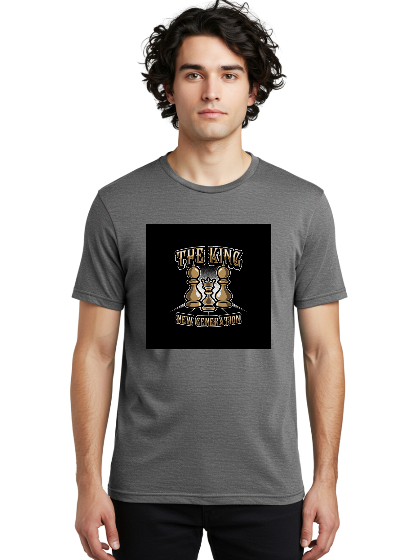 The-King-New-Generation Men'S Graphic Tee, 100% Cotton, Comfortable Casual Summer Wear, Machine Washable, Chess Pieces, The King, New Generation, Leadership, Strategy, Gold Pieces, Pawn, Queen, King, Black Background, Logo Design, Branding, Aab487