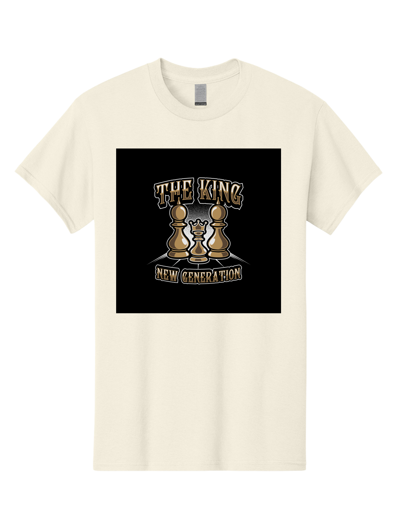 The-King-New-Generation Men'S Graphic Tee, 100% Cotton, Comfortable Casual Summer Wear, Machine Washable, Chess Pieces, The King, New Generation, Leadership, Strategy, Gold Pieces, Pawn, Queen, King, Black Background, Logo Design, Branding, Aab487