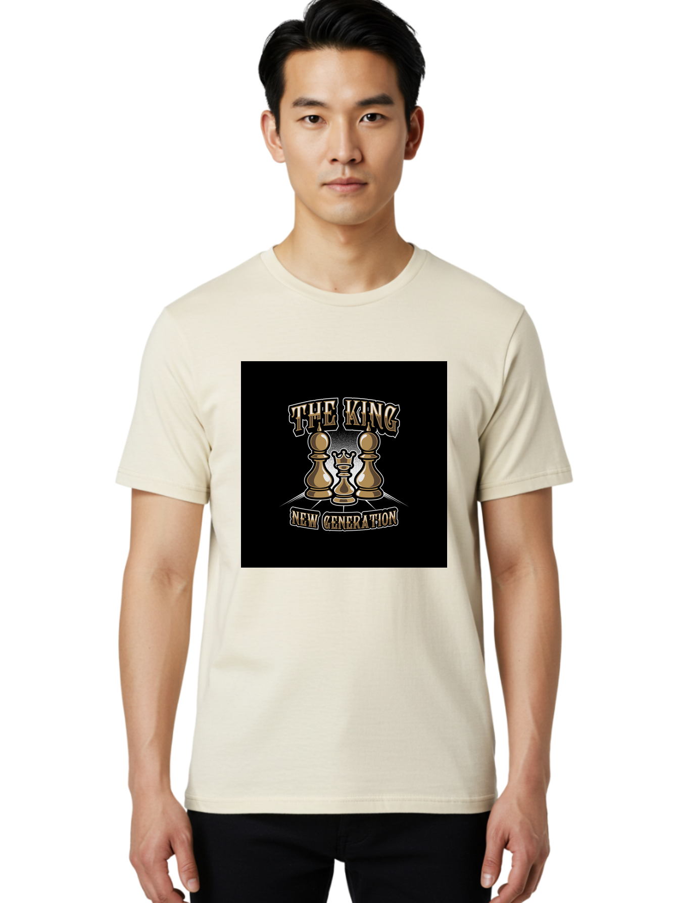 The-King-New-Generation Men'S Graphic Tee, 100% Cotton, Comfortable Casual Summer Wear, Machine Washable, Chess Pieces, The King, New Generation, Leadership, Strategy, Gold Pieces, Pawn, Queen, King, Black Background, Logo Design, Branding, Aab487