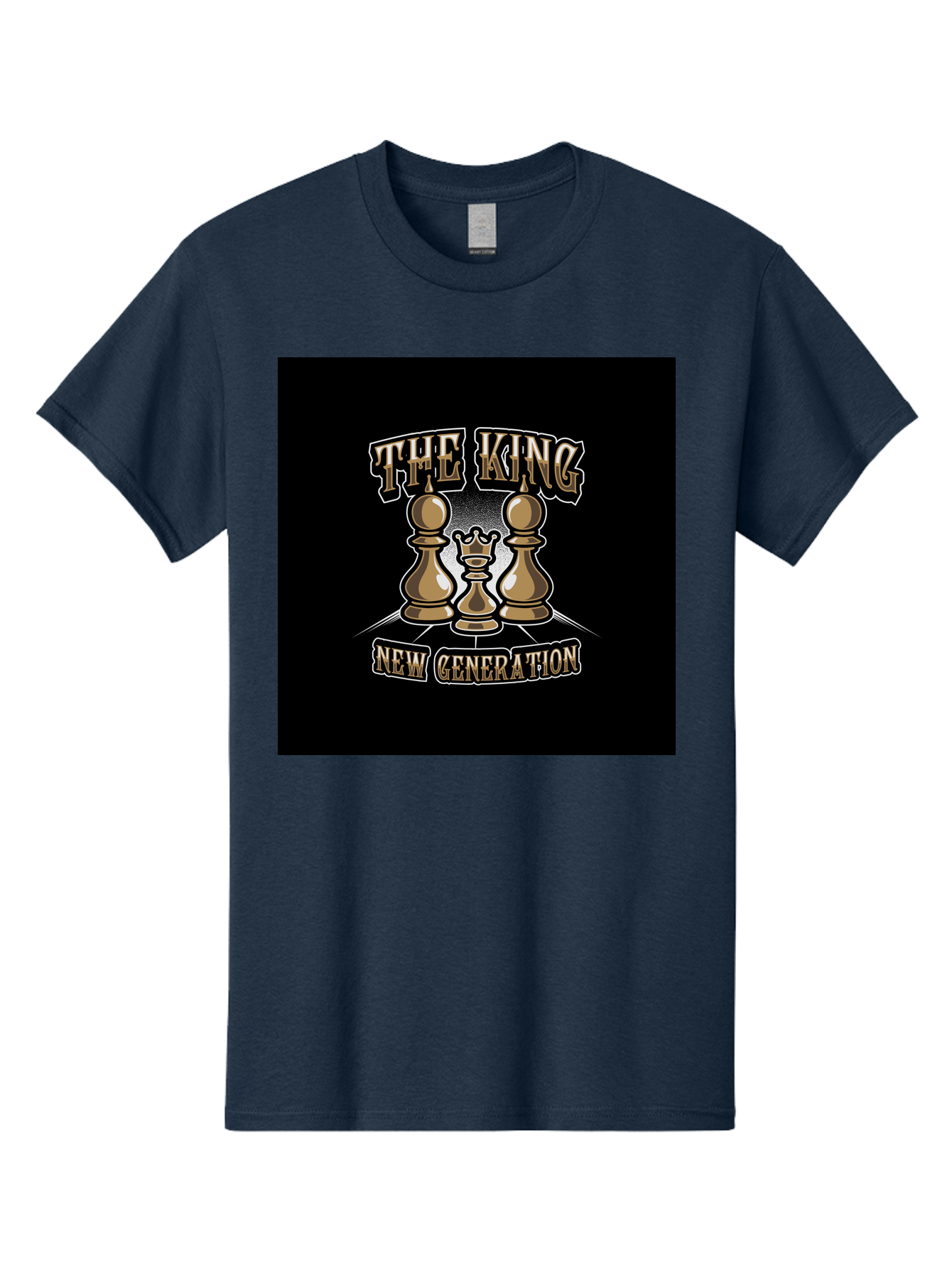 The-King-New-Generation Men'S Graphic Tee, 100% Cotton, Comfortable Casual Summer Wear, Machine Washable, Chess Pieces, The King, New Generation, Leadership, Strategy, Gold Pieces, Pawn, Queen, King, Black Background, Logo Design, Branding, Aab487
