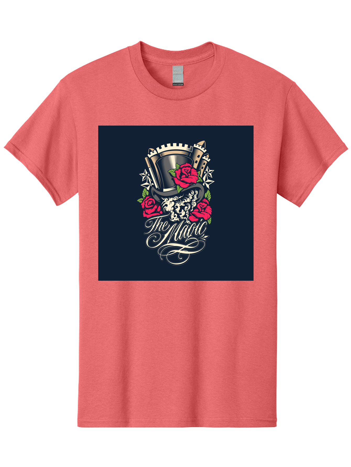 The-Magic Men'S Graphic Tee, 100% Cotton, Comfortable Casual Summer Wear, Machine Washable, Top Hat, Castle, Roses, Stars, Elegant Script, Fantasy Theme, Mystical Atmosphere, Luxury Design, Mysterious, Ornate Aab488