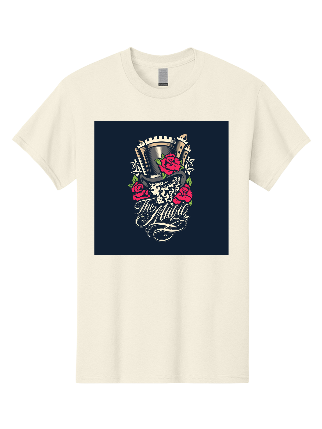 The-Magic Men'S Graphic Tee, 100% Cotton, Comfortable Casual Summer Wear, Machine Washable, Top Hat, Castle, Roses, Stars, Elegant Script, Fantasy Theme, Mystical Atmosphere, Luxury Design, Mysterious, Ornate Aab488