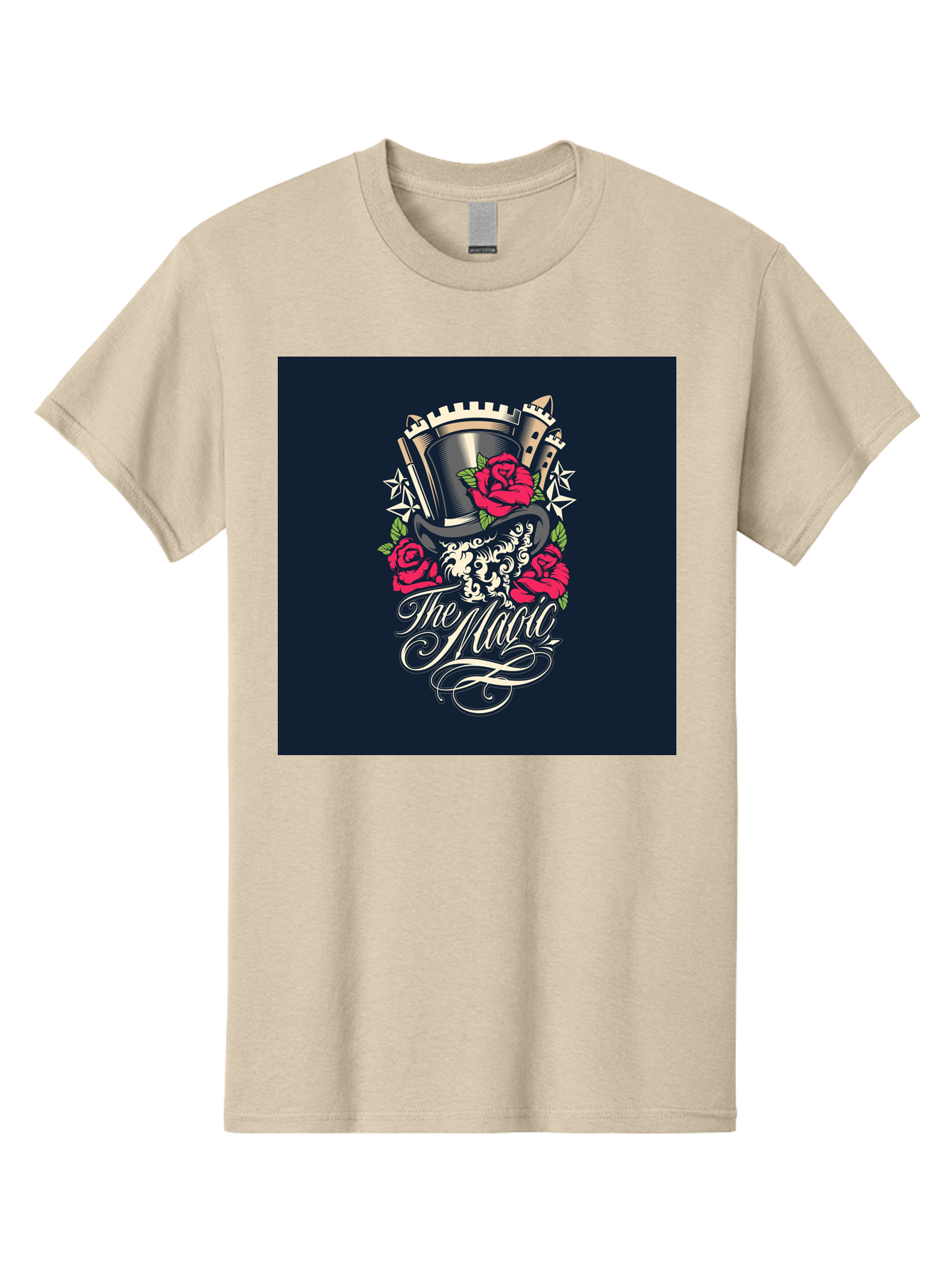 The-Magic Men'S Graphic Tee, 100% Cotton, Comfortable Casual Summer Wear, Machine Washable, Top Hat, Castle, Roses, Stars, Elegant Script, Fantasy Theme, Mystical Atmosphere, Luxury Design, Mysterious, Ornate Aab488