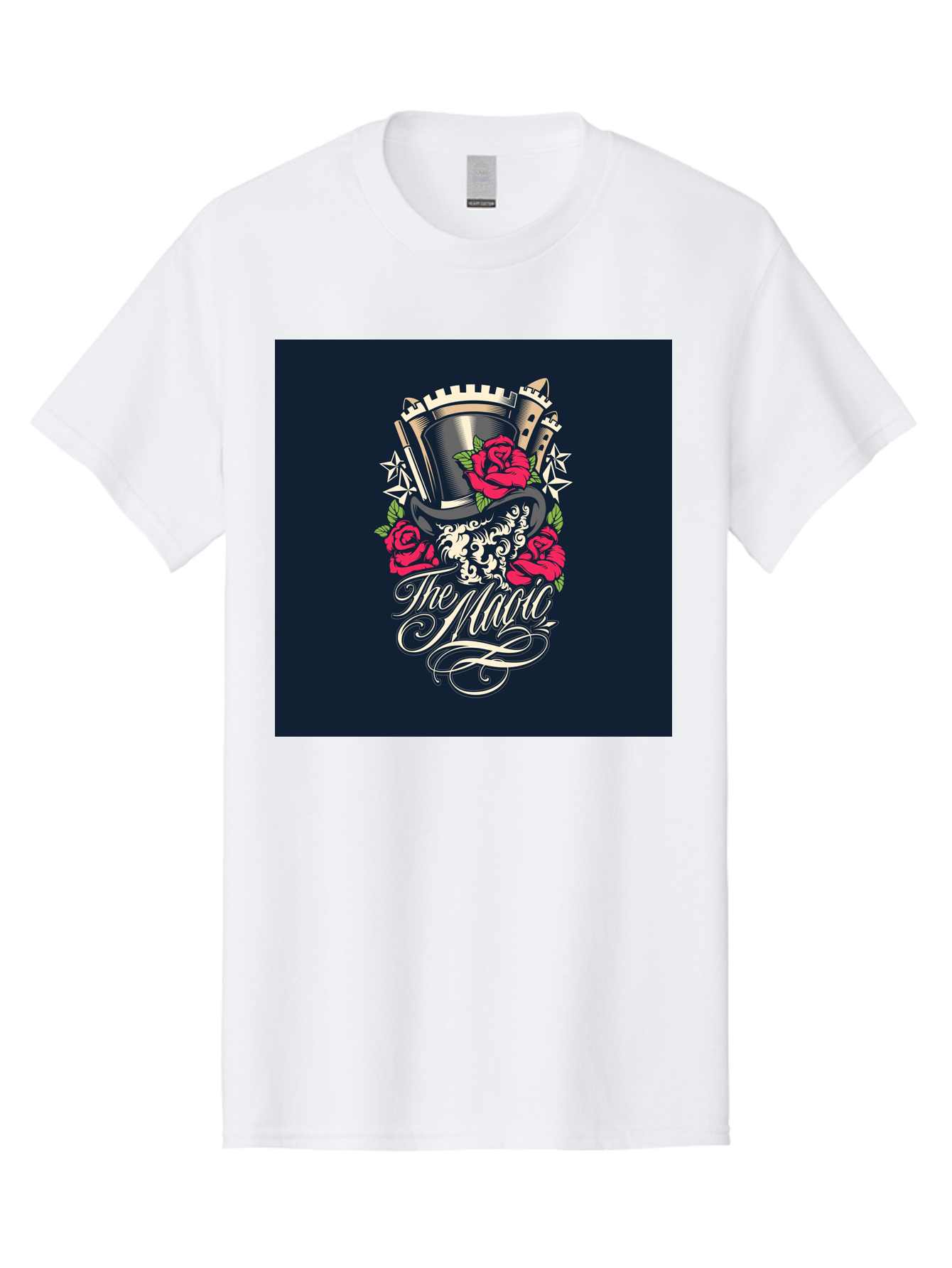 The-Magic Men'S Graphic Tee, 100% Cotton, Comfortable Casual Summer Wear, Machine Washable, Top Hat, Castle, Roses, Stars, Elegant Script, Fantasy Theme, Mystical Atmosphere, Luxury Design, Mysterious, Ornate Aab488