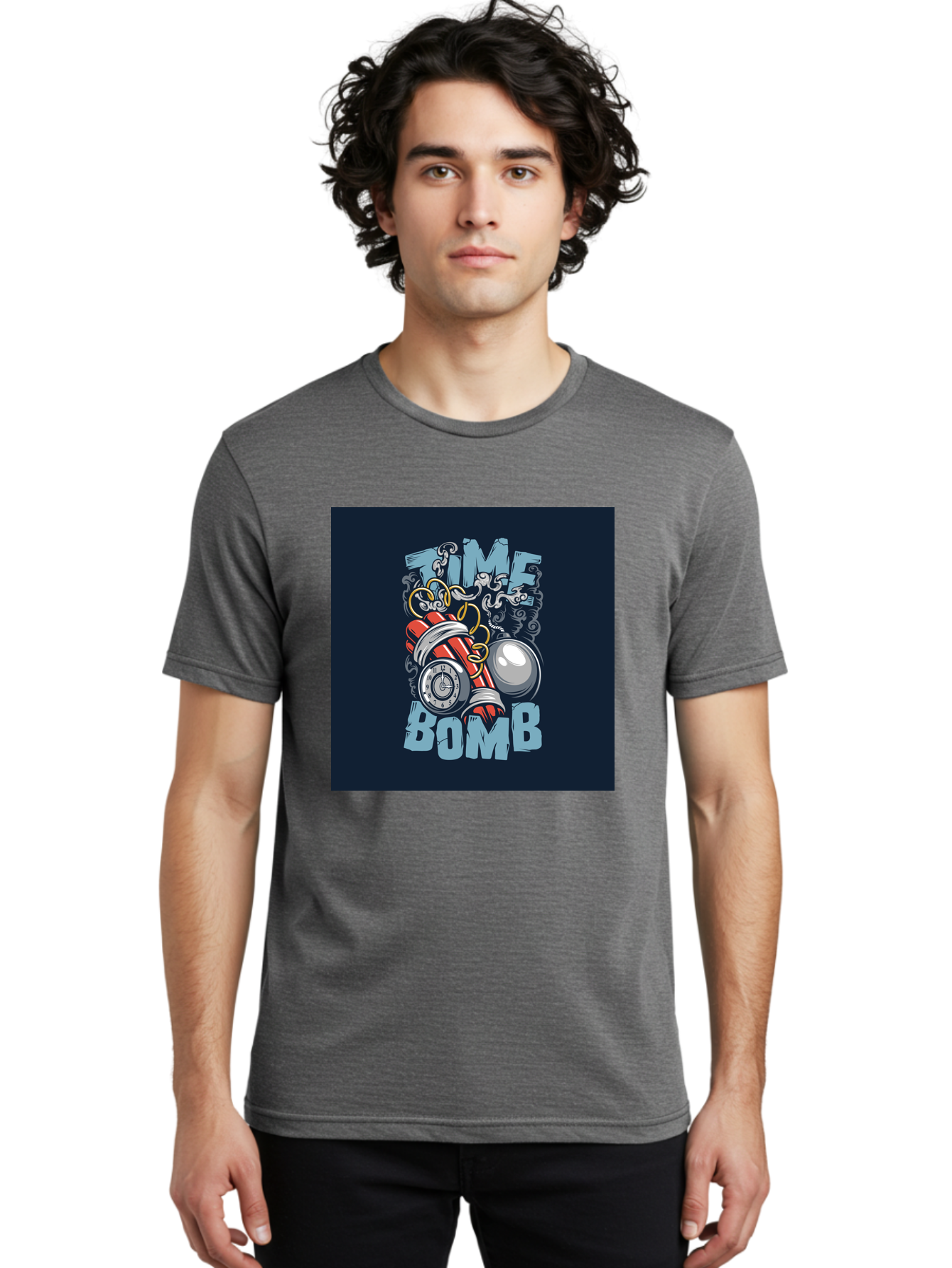 Time-Bomb Men'S Graphic Tee, 100% Cotton, Comfortable Casual Summer Wear, Machine Washable, Time Bomb Illustration, Cartoon Style, Dynamite Sticks, Clock Timer, Danger Alert, Bomb Threat, Countdown To Explosion, Cartoon Graphics, Comic Art Aab489