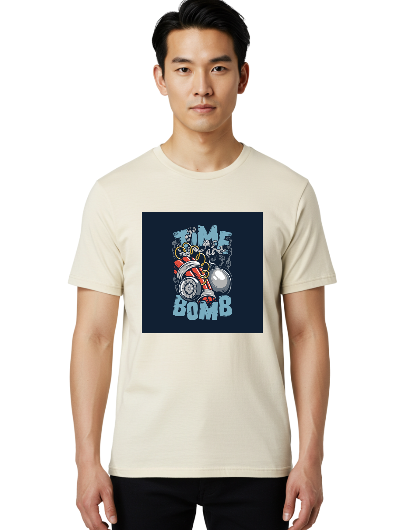 Time-Bomb Men'S Graphic Tee, 100% Cotton, Comfortable Casual Summer Wear, Machine Washable, Time Bomb Illustration, Cartoon Style, Dynamite Sticks, Clock Timer, Danger Alert, Bomb Threat, Countdown To Explosion, Cartoon Graphics, Comic Art Aab489