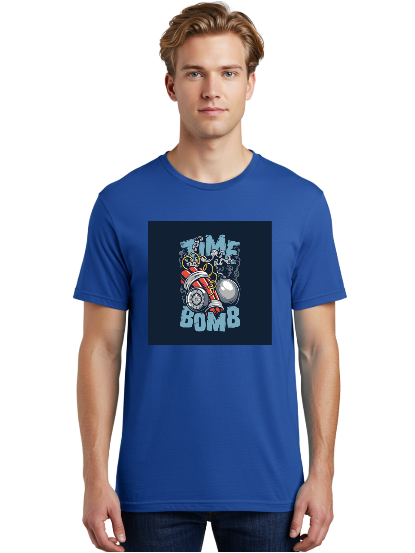 Time-Bomb Men'S Graphic Tee, 100% Cotton, Comfortable Casual Summer Wear, Machine Washable, Time Bomb Illustration, Cartoon Style, Dynamite Sticks, Clock Timer, Danger Alert, Bomb Threat, Countdown To Explosion, Cartoon Graphics, Comic Art Aab489
