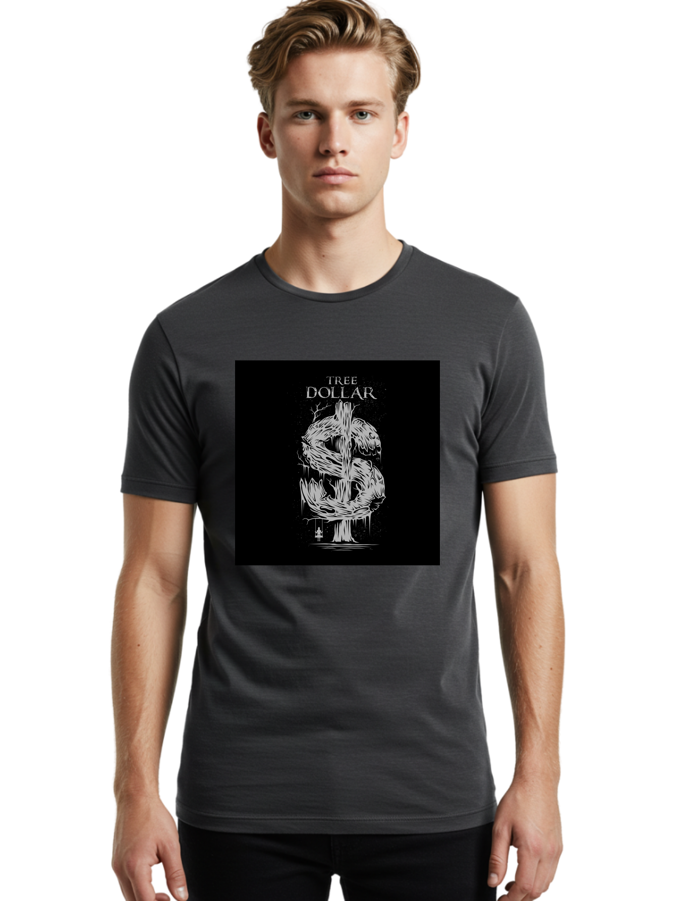 Tree-Dollar Men'S Graphic Tee, 100% Cotton, Comfortable Casual Summer Wear, Machine Washable, Dollar Sign Made Of Tree Branches, Wooden Currency Symbol, Environmental Finance, Eco-Friendly Money, Twisted Tree Trunk, Drip Art, Aab491