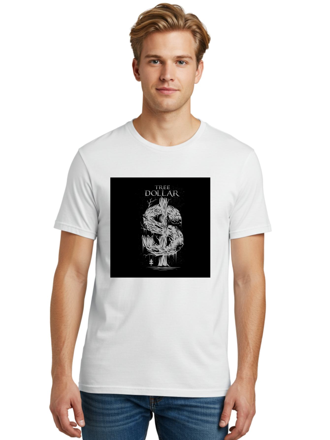 Tree-Dollar Men'S Graphic Tee, 100% Cotton, Comfortable Casual Summer Wear, Machine Washable, Dollar Sign Made Of Tree Branches, Wooden Currency Symbol, Environmental Finance, Eco-Friendly Money, Twisted Tree Trunk, Drip Art, Aab491