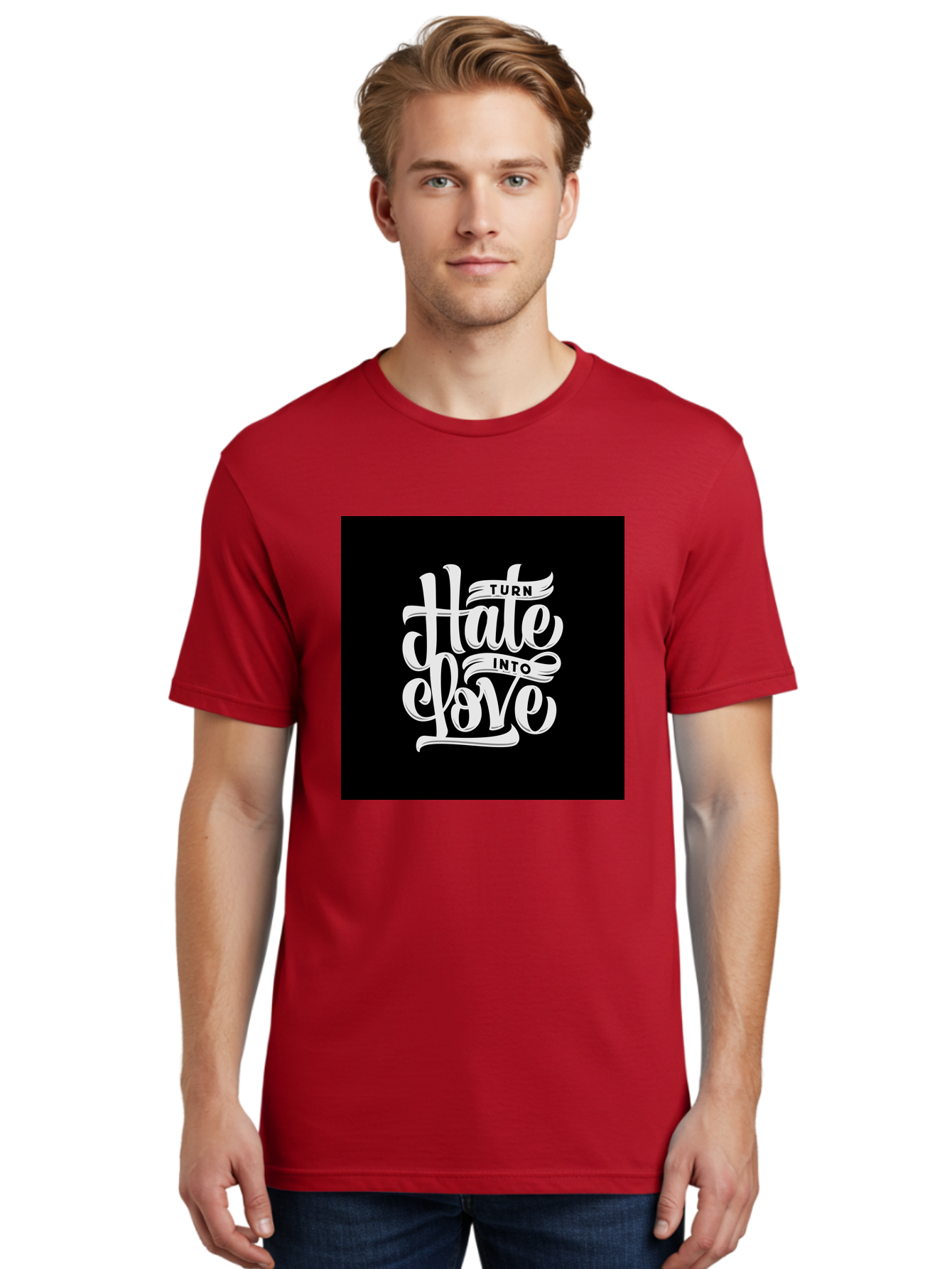 Turn-Hate-Into-Love Men'S Graphic Tee, 100% Cotton, Comfortable Casual Summer Wear, Machine Washable, Inspirational Quotes, Motivational Sayings, Positive Affirmations, Kindness Messages, Peace Signs, Emotional Support, Uplifting Words, Aab492