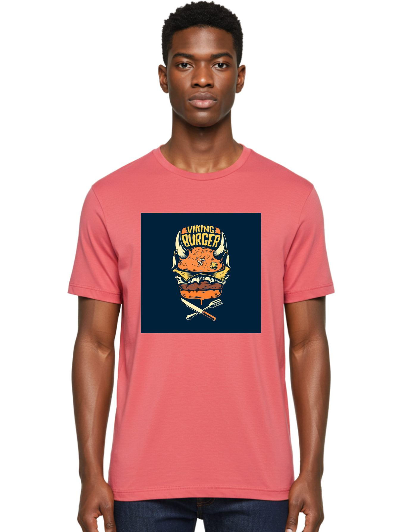 Viking-Burger Men'S Graphic Tee, 100% Cotton, Comfortable Casual Summer Wear, Machine Washable, Viking Burger, Cartoon Burger, Burger Illustration, Horned Bun, Crossed Utensils, Restaurant Logo, Food Branding, Yellow Text, Comical Design, Aab493