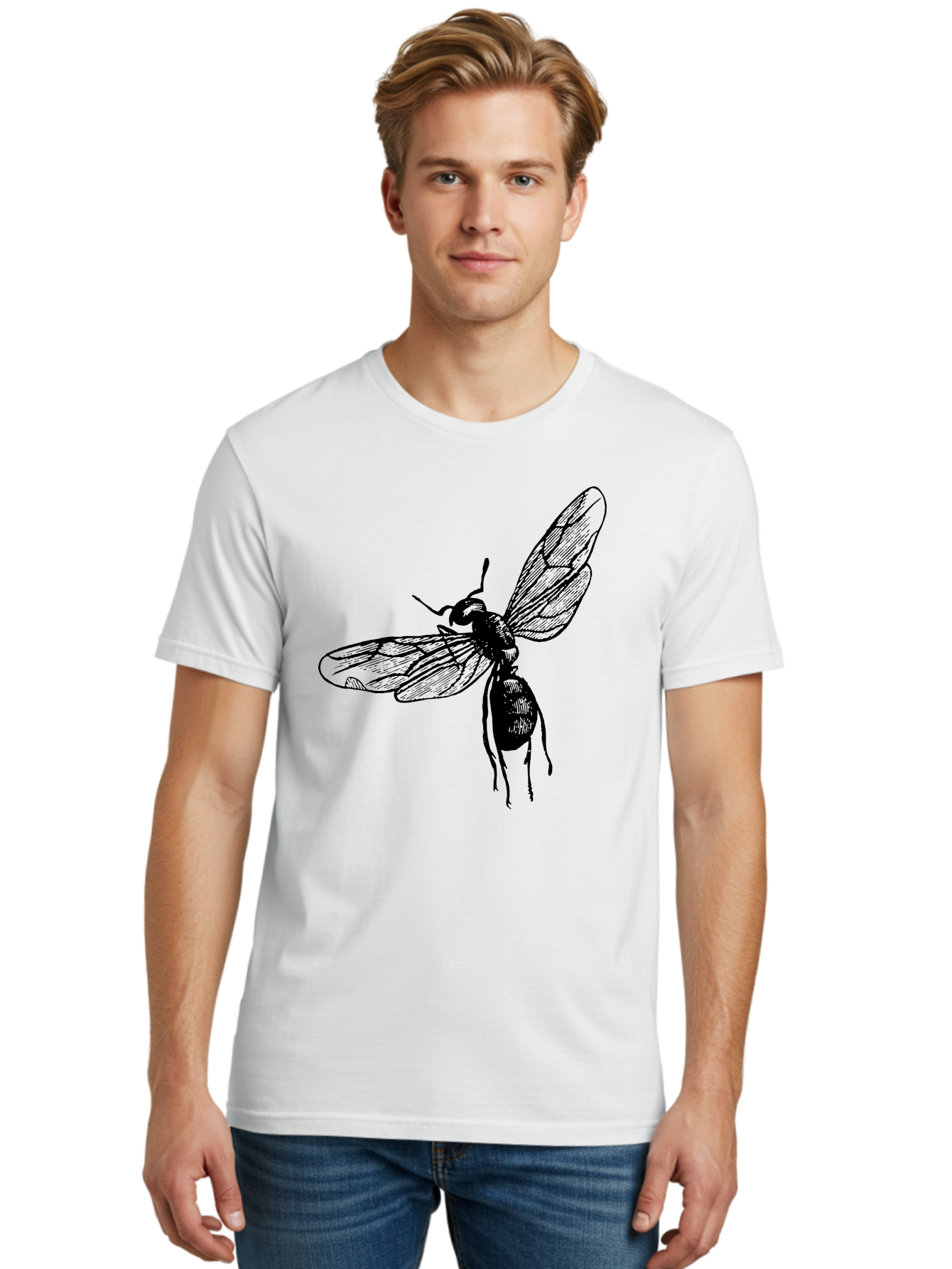 Bee Men'S Graphic Tee, 100% Cotton, Comfortable Casual Summer Wear, Machine Washable, Black Wasp In Flight, Insect Wings, Entomology Illustration, Detailed Drawing, Winged Creature, Insect Art Aab503