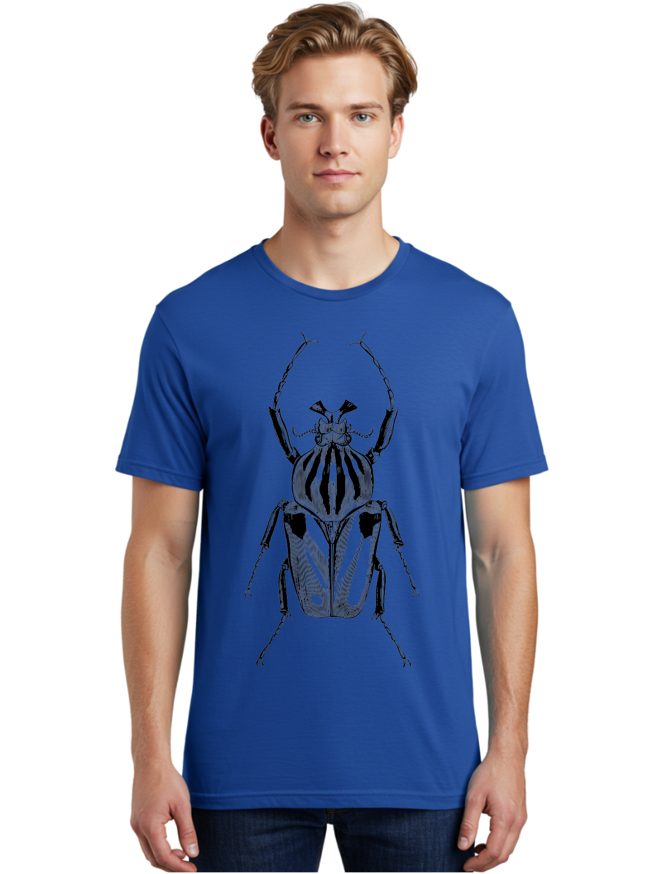 Beetle-Illustration-1 Men'S Graphic Tee, 100% Cotton, Comfortable Casual Summer Wear, Machine Washable, Beetle Illustration, Insect Art, Entomology, Striped Beetle, Black And Green, Detailed Drawing, Wildlife Illustration, Bug Graphics Aab507