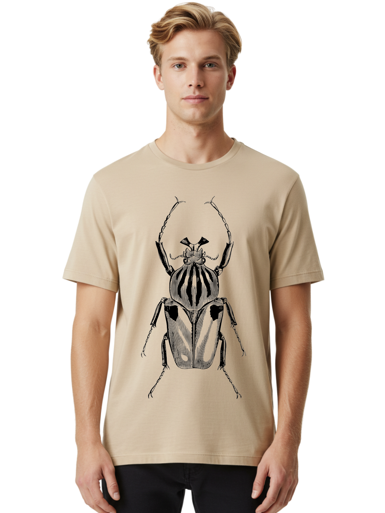Beetle-Illustration-1 Men'S Graphic Tee, 100% Cotton, Comfortable Casual Summer Wear, Machine Washable, Beetle Illustration, Insect Art, Entomology, Striped Beetle, Black And Green, Detailed Drawing, Wildlife Illustration, Bug Graphics Aab507