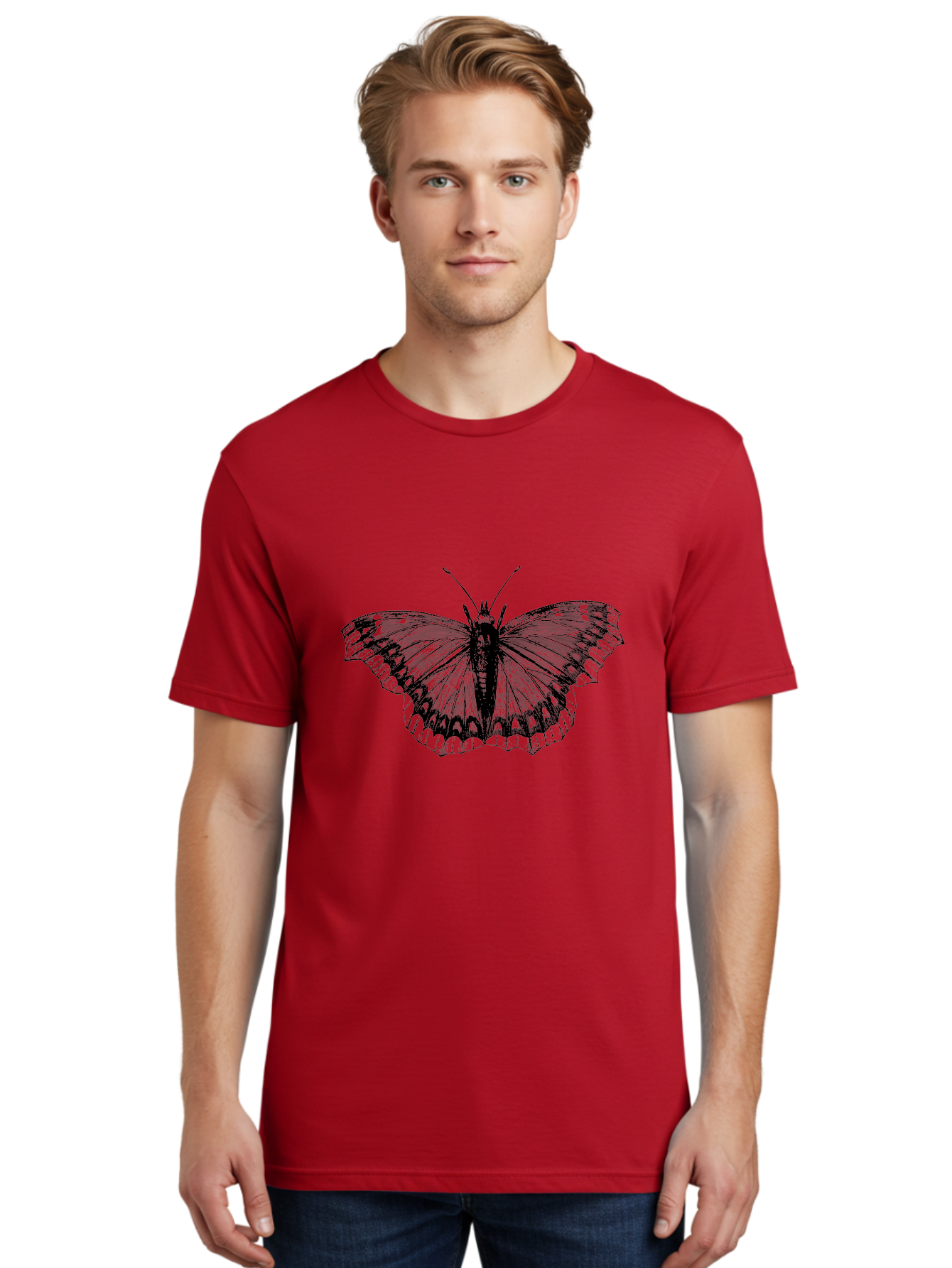 Butterfly-Illustration Men'S Graphic Tee, 100% Cotton, Comfortable Casual Summer Wear, Machine Washable, Butterfly Illustration, Insect Art, Wing Patterns, Detailed Drawing, Black And Green Hues, Fragile Beauty, Natural Design Aab514