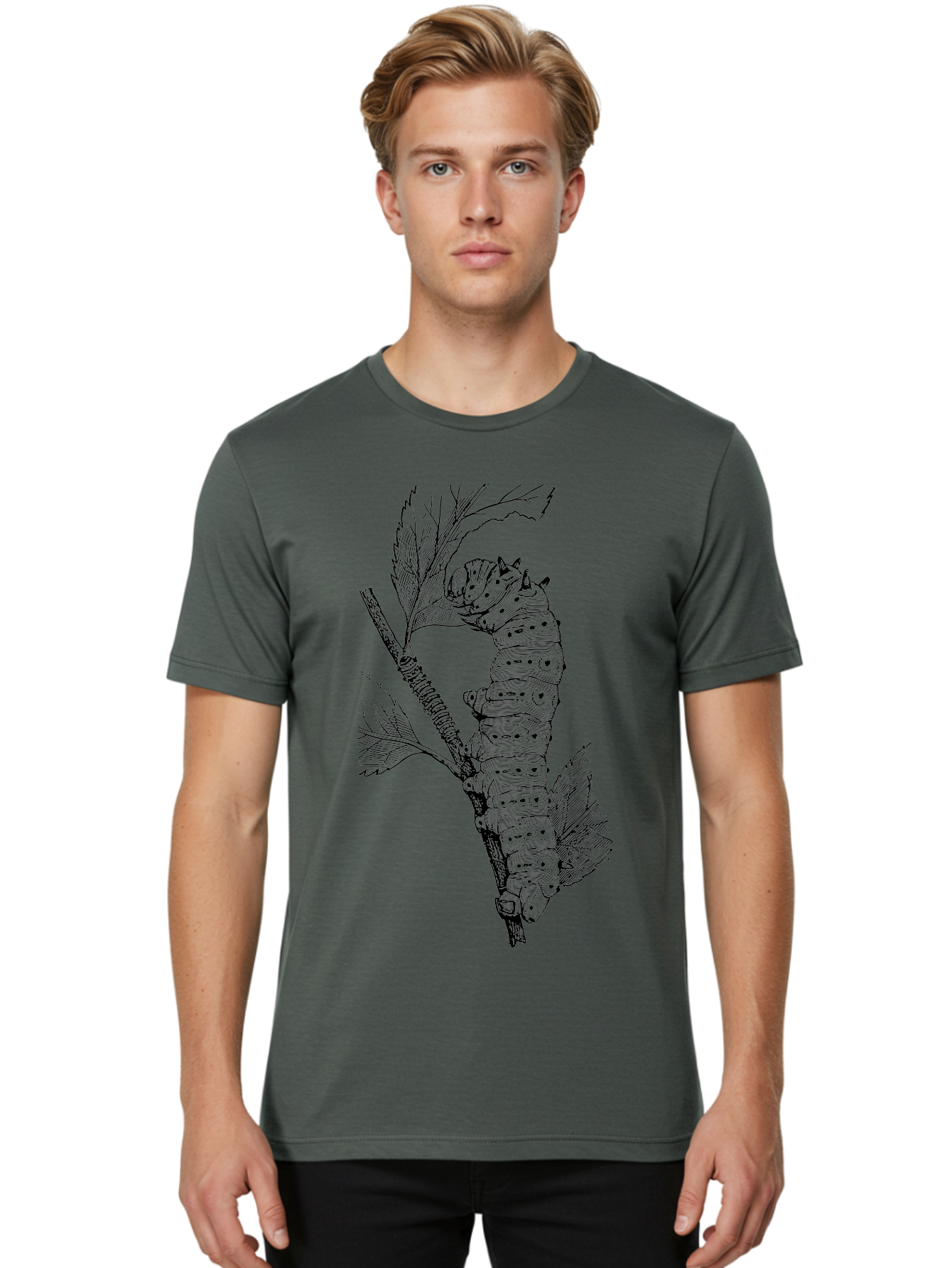 Caterpillar-On-Leaf-1 Men'S Graphic Tee, 100% Cotton, Comfortable Casual Summer Wear, Machine Washable, Caterpillar Eating Leaf, Insect Metamorphosis, Wildlife Illustration, Caterpillar Stage, Leaf Damage, Insect Life Cycle, Garden Pest Aab519