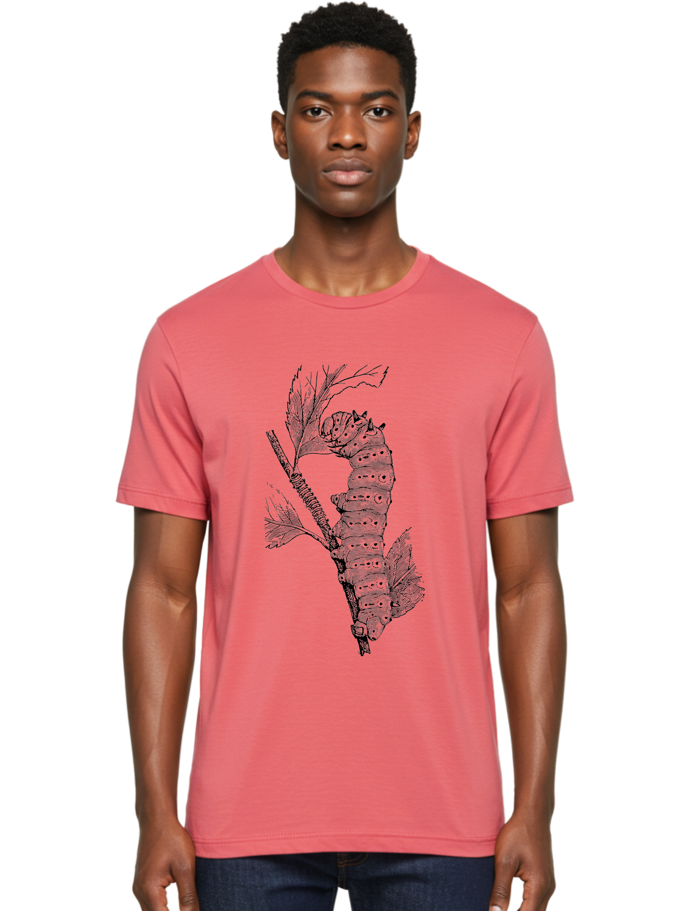 Caterpillar-On-Leaf-1 Men'S Graphic Tee, 100% Cotton, Comfortable Casual Summer Wear, Machine Washable, Caterpillar Eating Leaf, Insect Metamorphosis, Wildlife Illustration, Caterpillar Stage, Leaf Damage, Insect Life Cycle, Garden Pest Aab519
