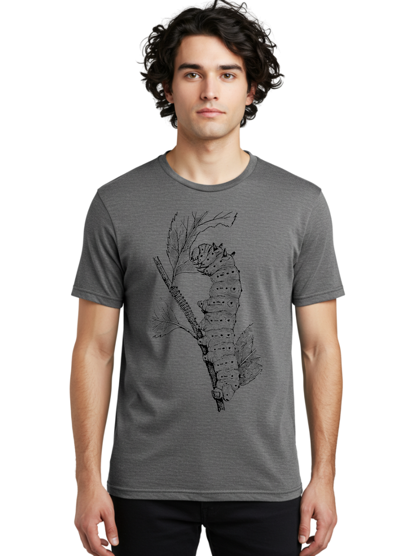 Caterpillar-On-Leaf-1 Men'S Graphic Tee, 100% Cotton, Comfortable Casual Summer Wear, Machine Washable, Caterpillar Eating Leaf, Insect Metamorphosis, Wildlife Illustration, Caterpillar Stage, Leaf Damage, Insect Life Cycle, Garden Pest Aab519