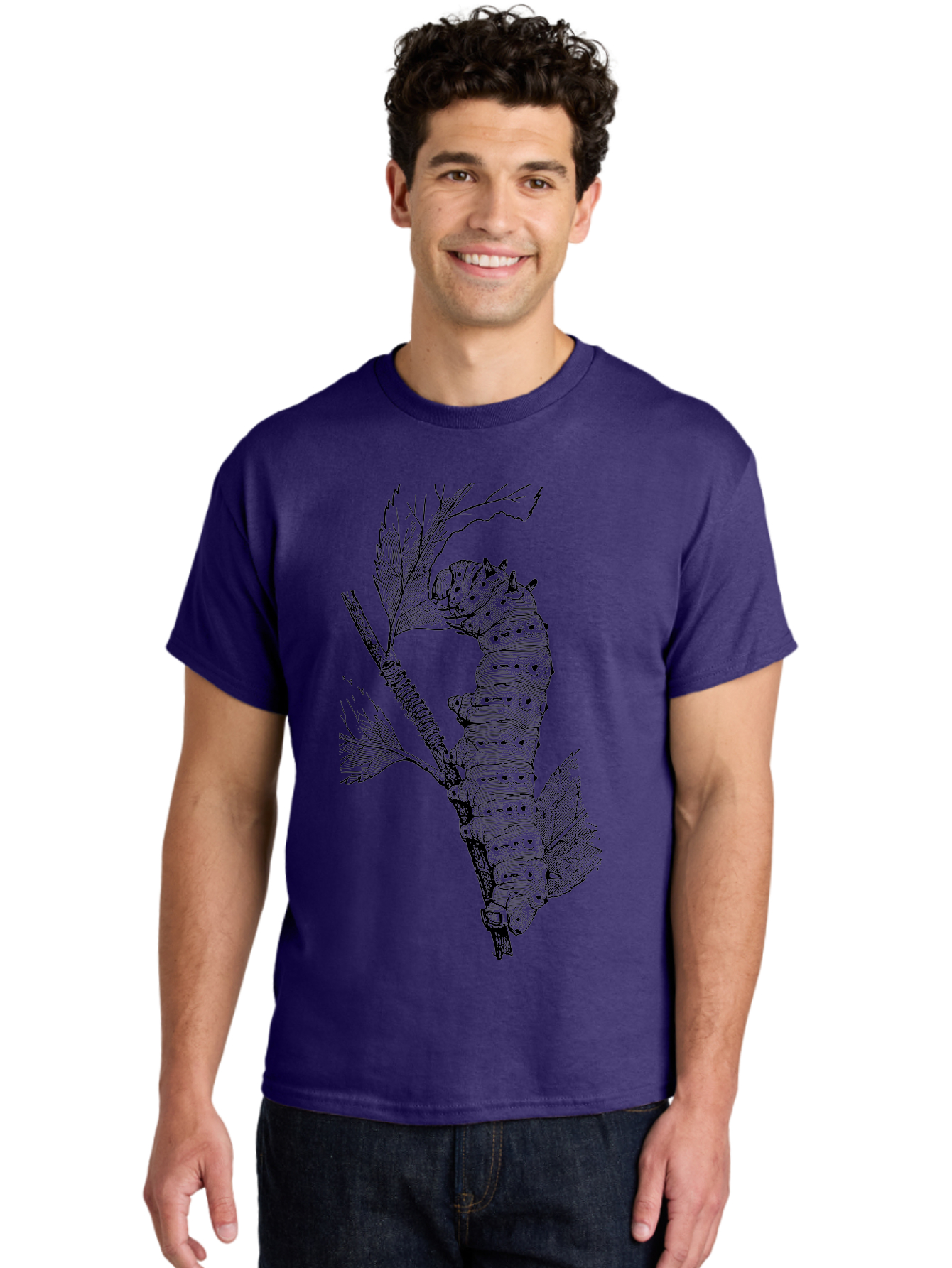 Caterpillar-On-Leaf-1 Men'S Graphic Tee, 100% Cotton, Comfortable Casual Summer Wear, Machine Washable, Caterpillar Eating Leaf, Insect Metamorphosis, Wildlife Illustration, Caterpillar Stage, Leaf Damage, Insect Life Cycle, Garden Pest Aab519
