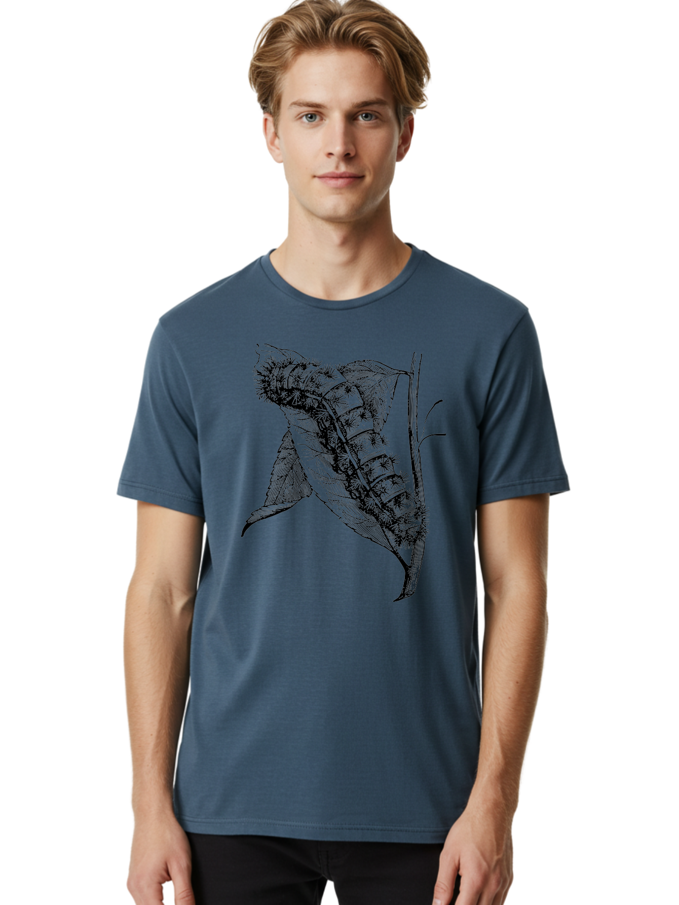 Caterpillar-On-Leaf Men'S Graphic Tee, 100% Cotton, Comfortable Casual Summer Wear, Machine Washable, Caterpillar On A Leaf, Insect Life Cycle, Metamorphosis, Nature Illustration, Botanical Art, Wildlife, Detailed Drawing, Spiky Caterpillar, Aab520