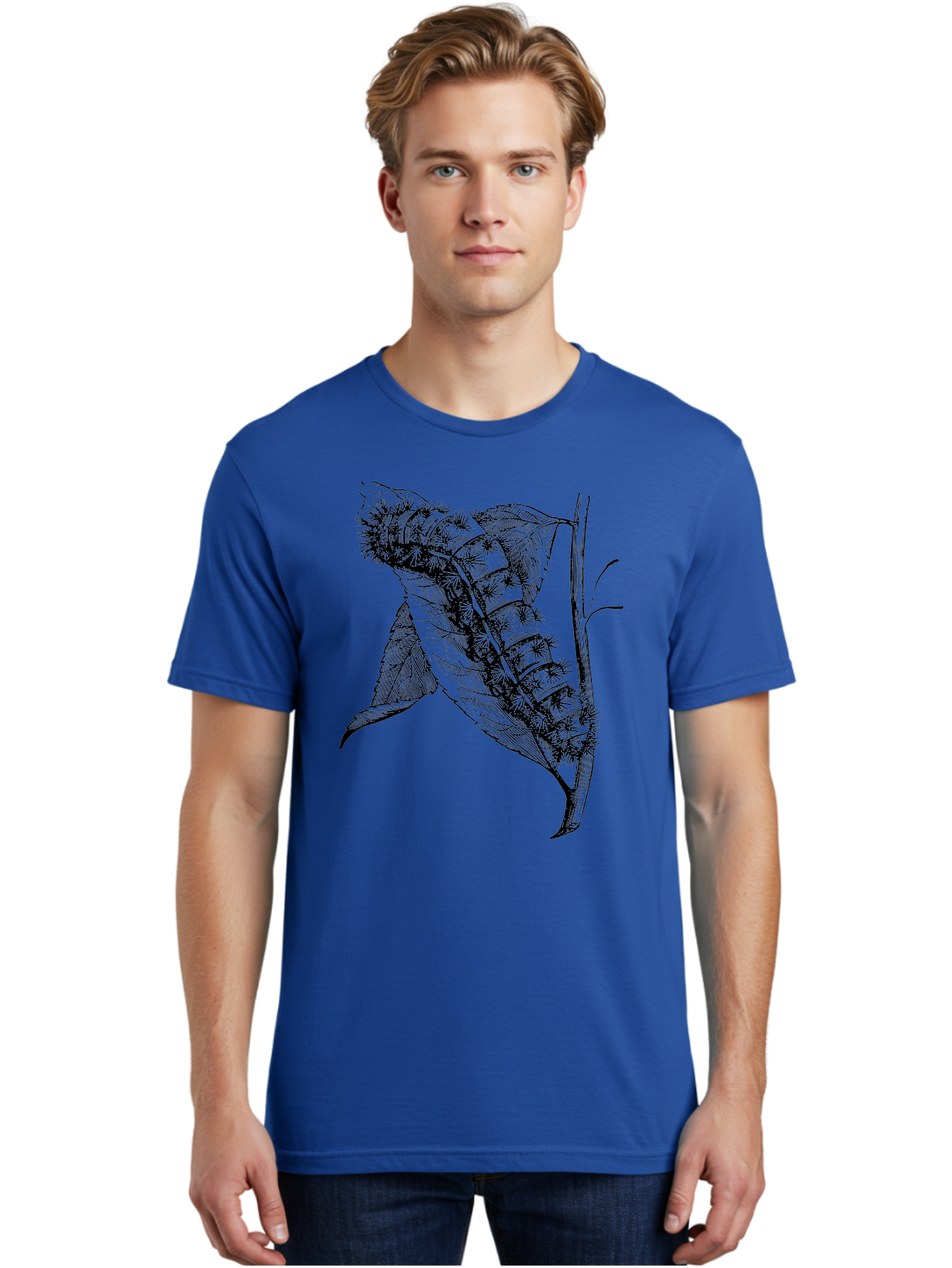 Caterpillar-On-Leaf Men'S Graphic Tee, 100% Cotton, Comfortable Casual Summer Wear, Machine Washable, Caterpillar On A Leaf, Insect Life Cycle, Metamorphosis, Nature Illustration, Botanical Art, Wildlife, Detailed Drawing, Spiky Caterpillar, Aab520
