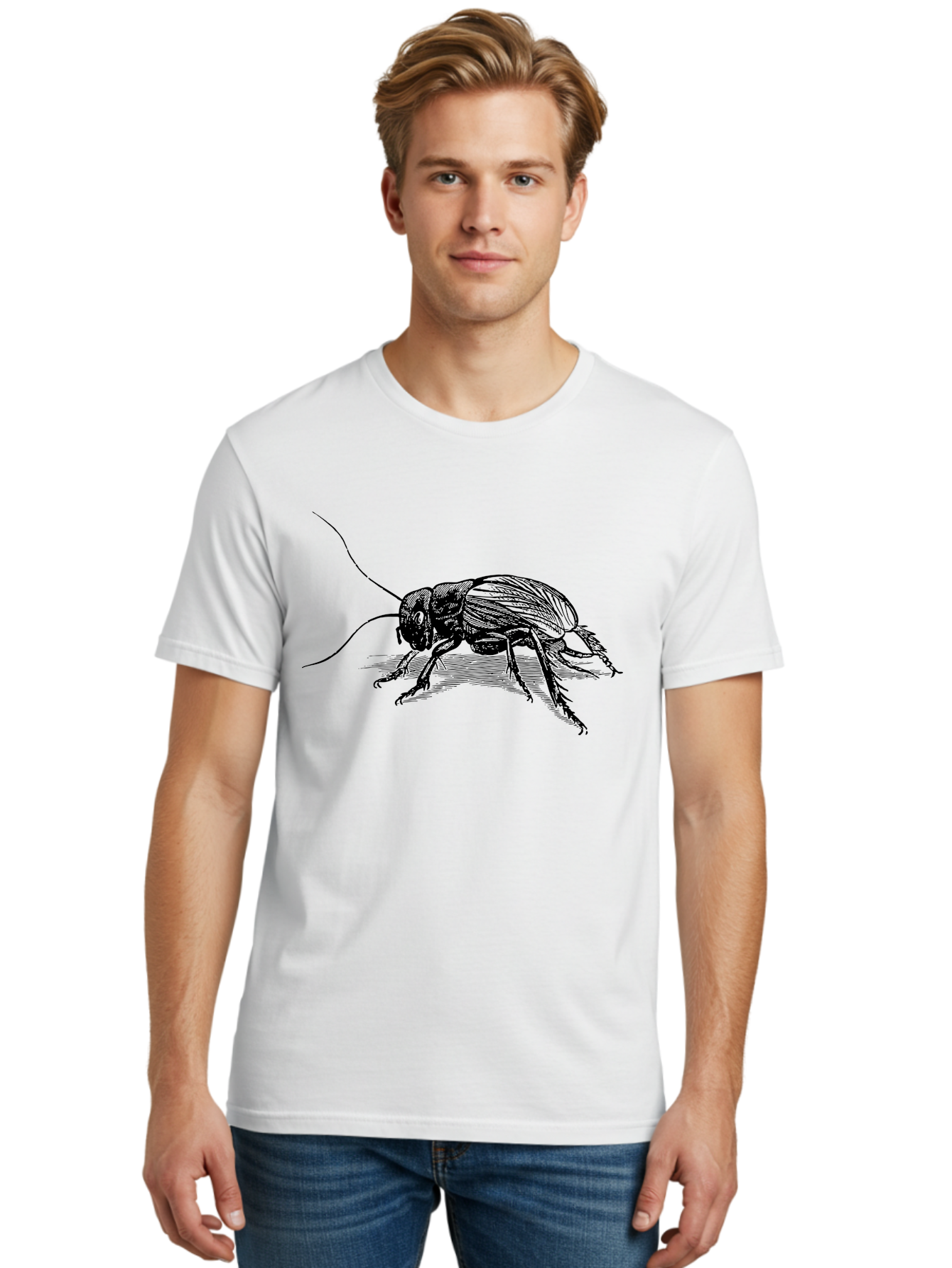 Cricket-2 Men'S Graphic Tee, 100% Cotton, Comfortable Casual Summer Wear, Machine Washable, Cricket Insect, Black Illustration, Detailed Drawing, Insect Anatomy, Entomology Art, Wildlife Illustration, Insect Wings, Long Antennae Aab525
