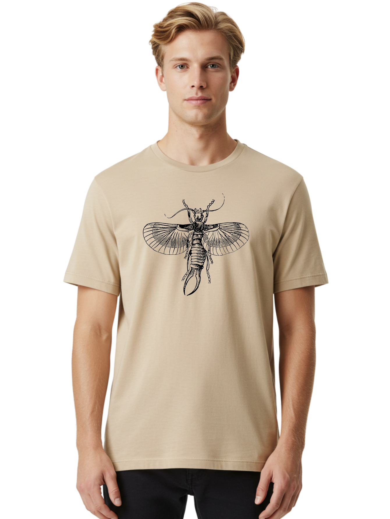 Earwig Men'S Graphic Tee, 100% Cotton, Comfortable Casual Summer Wear, Machine Washable, Detailed Illustration, Earwig Insect, Black And Green, Entomology Art, Insect Anatomy, Detailed Wings, Pincers, Entomological Illustration, Bug Art Aab530