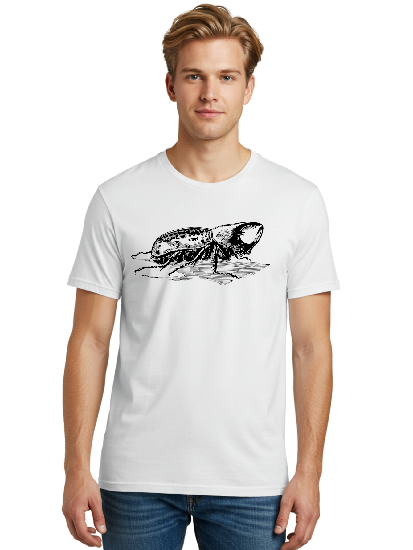 Hercules-Beetle Men'S Graphic Tee, 100% Cotton, Comfortable Casual Summer Wear, Machine Washable, Black Beetle, Insect Illustration, Detailed Drawing, Scientific Art, Entomology, Bug, Insect, Wildlife Art, Natural History Aab539