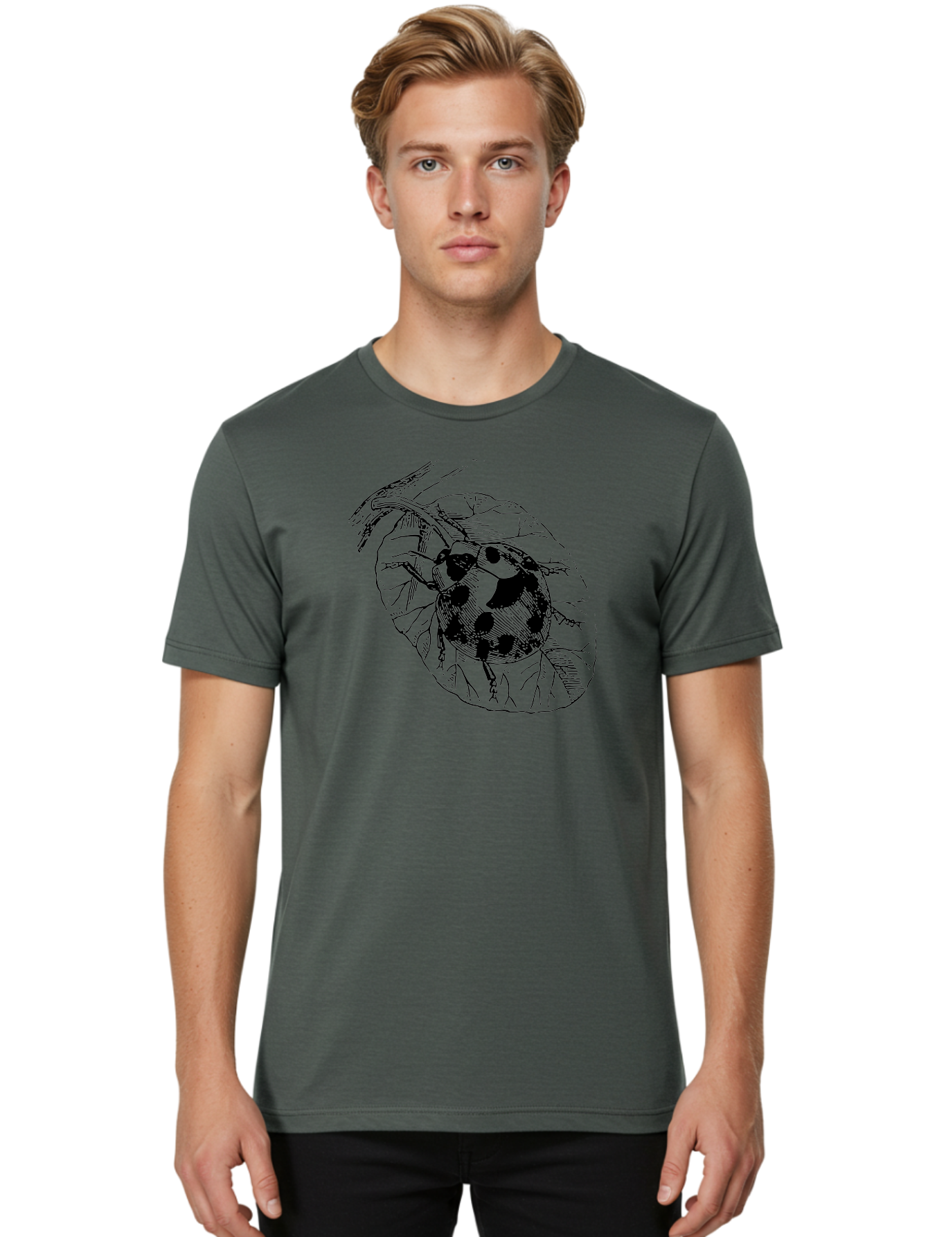 Ladybug-On-Leaf Men'S Graphic Tee, 100% Cotton, Comfortable Casual Summer Wear, Machine Washable, Ladybug On A Leaf, Black And White Illustration, Lady Beetle, Garden Insect, Sketch Art, Wildlife Illustration, Beetle On Foliage Aab541