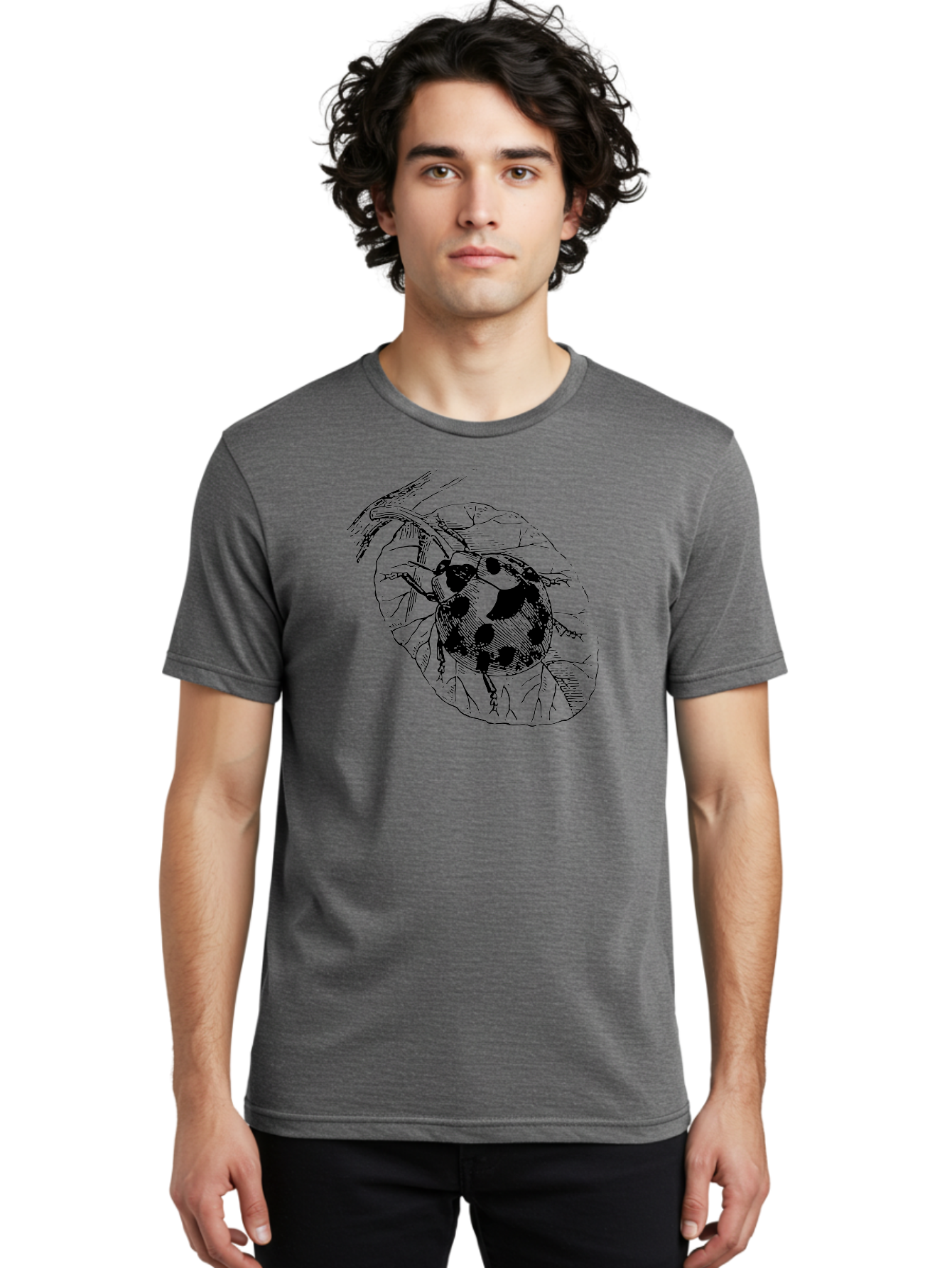 Ladybug-On-Leaf Men'S Graphic Tee, 100% Cotton, Comfortable Casual Summer Wear, Machine Washable, Ladybug On A Leaf, Black And White Illustration, Lady Beetle, Garden Insect, Sketch Art, Wildlife Illustration, Beetle On Foliage Aab541