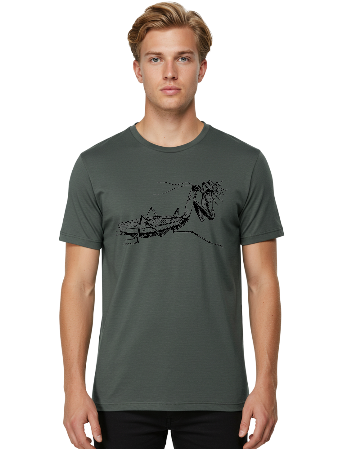 Mantis-Eating-Fly Men'S Graphic Tee, 100% Cotton, Comfortable Casual Summer Wear, Machine Washable, Praying Mantis Eating A Fly, Insect Predator, Detailed Illustration, Black And Green, Entomology Art, Wildlife Photography, Insect Behavior Aab544