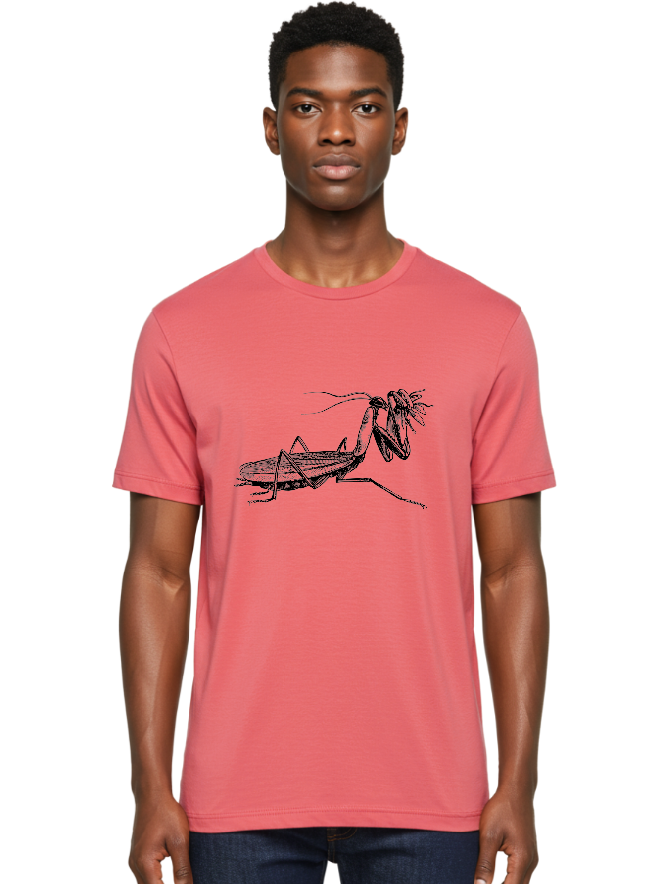 Mantis-Eating-Fly Men'S Graphic Tee, 100% Cotton, Comfortable Casual Summer Wear, Machine Washable, Praying Mantis Eating A Fly, Insect Predator, Detailed Illustration, Black And Green, Entomology Art, Wildlife Photography, Insect Behavior Aab544