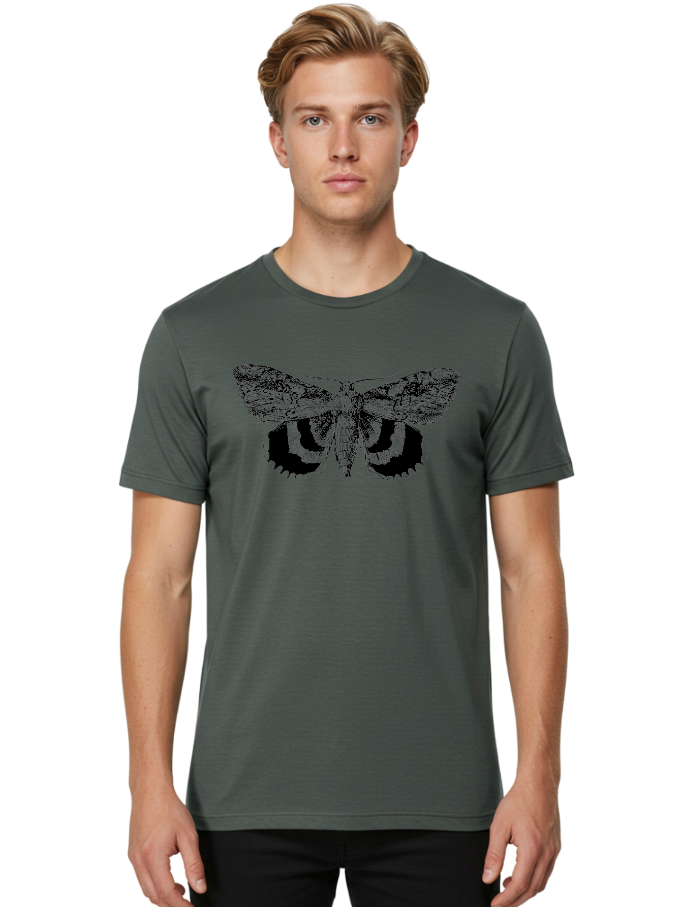 Moth-Illustration Men'S Graphic Tee, 100% Cotton, Comfortable Casual Summer Wear, Machine Washable, Black And Green Moth Illustration, Insect Art, Detailed Drawing, Wingspan, Entomology, Biological Illustration, Vintage Style, Butterfly Wings, Aab548