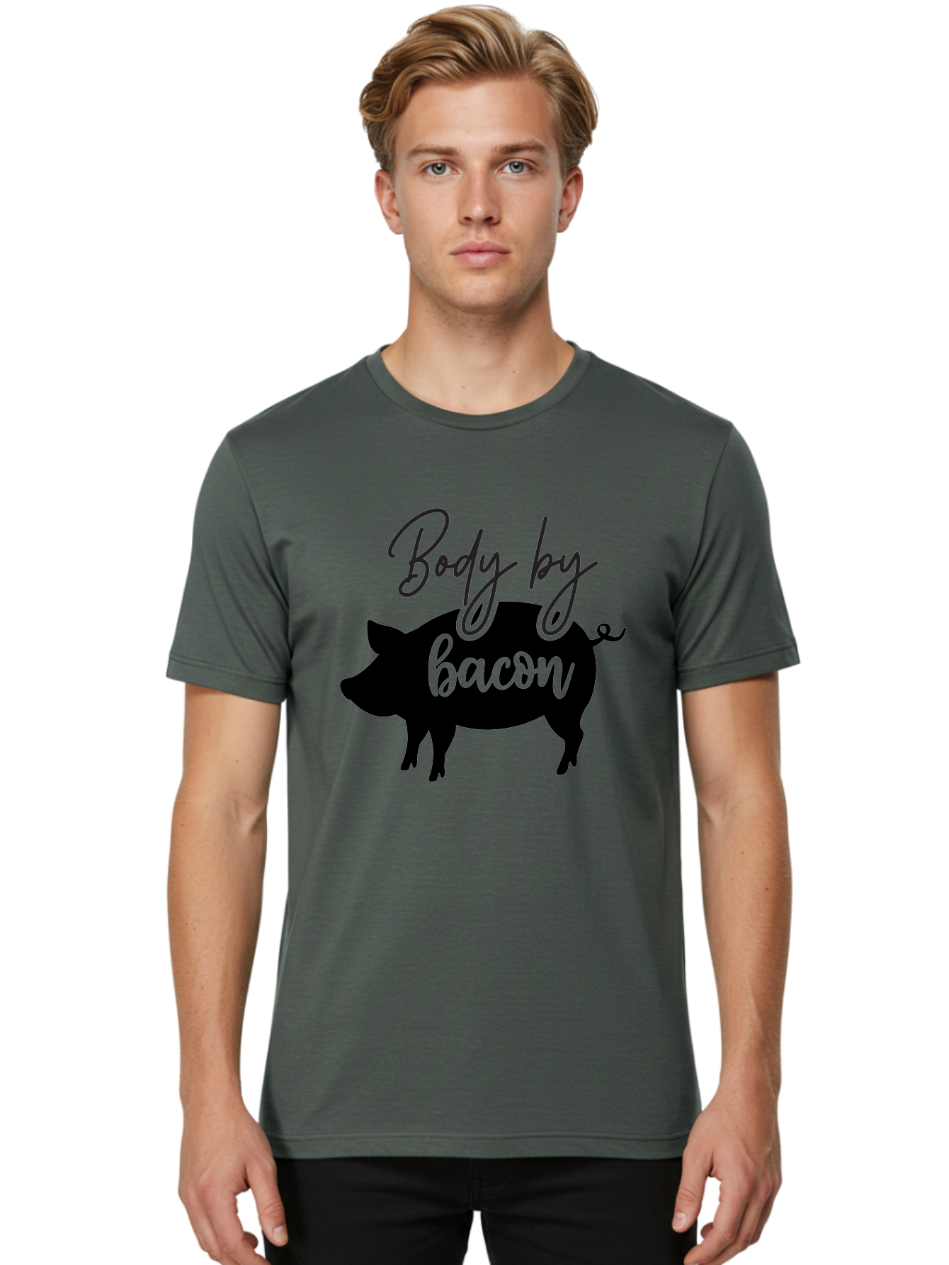 Body-By-Bacon Men'S Graphic Tee, 100% Cotton, Comfortable Casual Summer Wear, Machine Washable, Funny Pig Silhouette, Bacon Lovers, Pig With High Heels, Humorous Illustration, Quirky Art, Pig Silhouette With Text, Body By Bacon Aab567