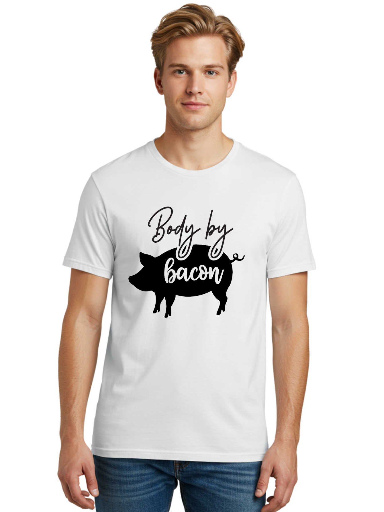 Body-By-Bacon Men'S Graphic Tee, 100% Cotton, Comfortable Casual Summer Wear, Machine Washable, Funny Pig Silhouette, Bacon Lovers, Pig With High Heels, Humorous Illustration, Quirky Art, Pig Silhouette With Text, Body By Bacon Aab567