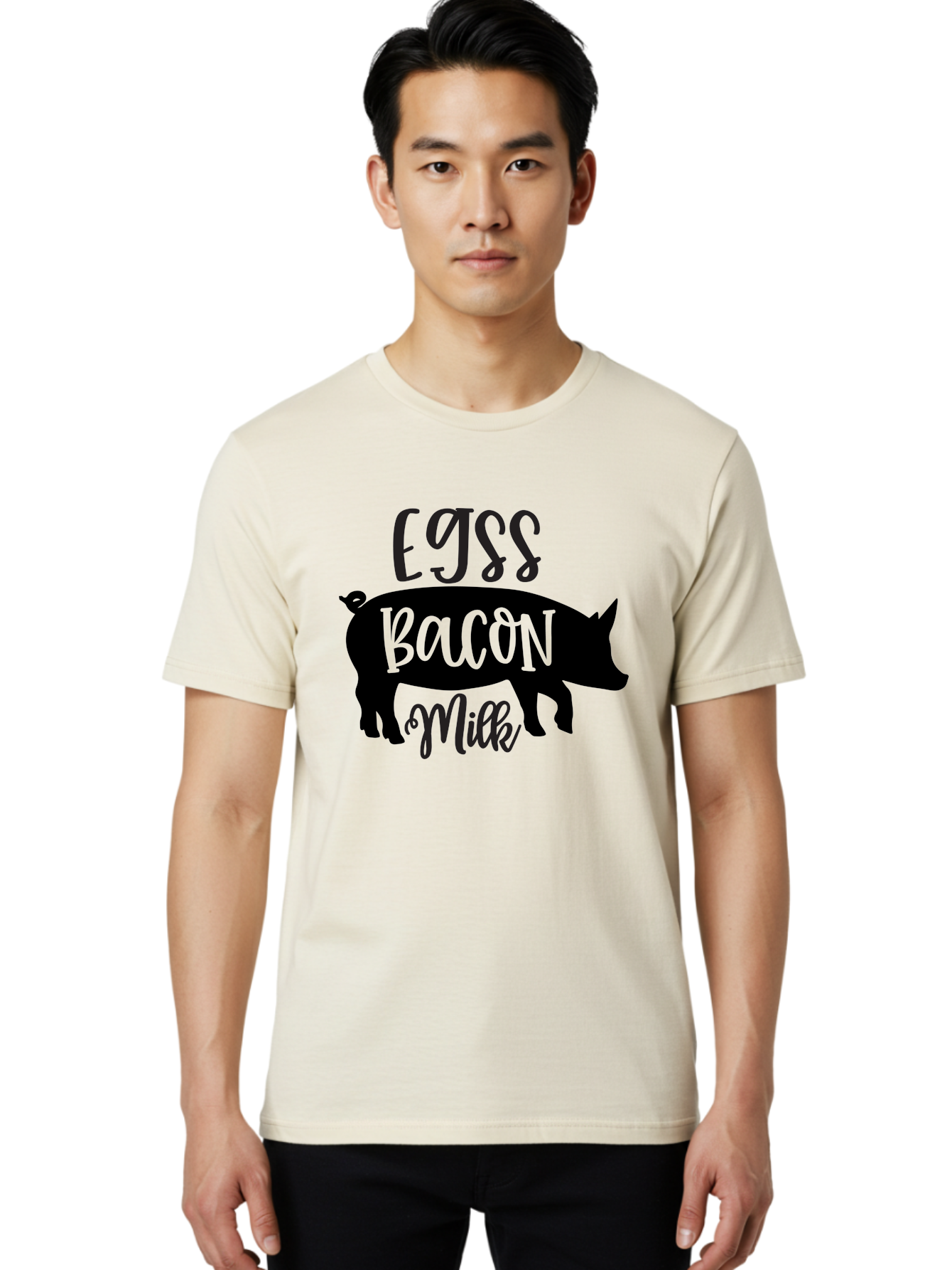 Egjss-Bacon-Milk Men'S Graphic Tee, 100% Cotton, Comfortable Casual Summer Wear, Machine Washable, Eggs, Bacon, Milk, Pig Silhouette, Farm Fresh, Dairy Products, Breakfast Foods, Savory Delights, Farm-To-Table Aab574