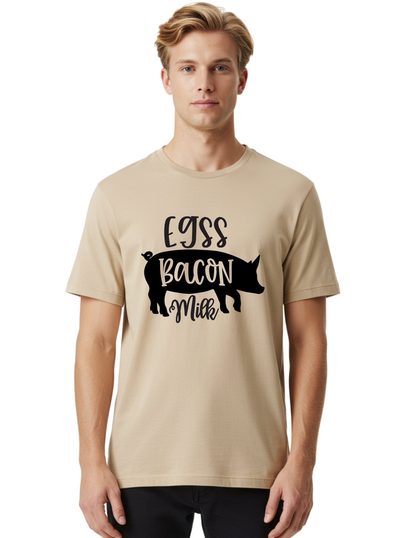 Egjss-Bacon-Milk Men'S Graphic Tee, 100% Cotton, Comfortable Casual Summer Wear, Machine Washable, Eggs, Bacon, Milk, Pig Silhouette, Farm Fresh, Dairy Products, Breakfast Foods, Savory Delights, Farm-To-Table Aab574