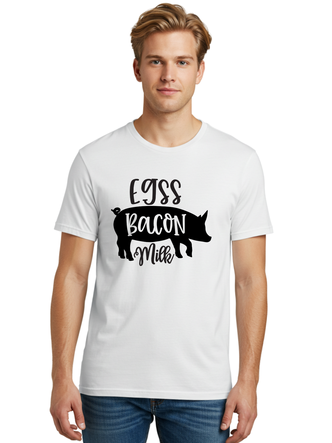 Egjss-Bacon-Milk Men'S Graphic Tee, 100% Cotton, Comfortable Casual Summer Wear, Machine Washable, Eggs, Bacon, Milk, Pig Silhouette, Farm Fresh, Dairy Products, Breakfast Foods, Savory Delights, Farm-To-Table Aab574