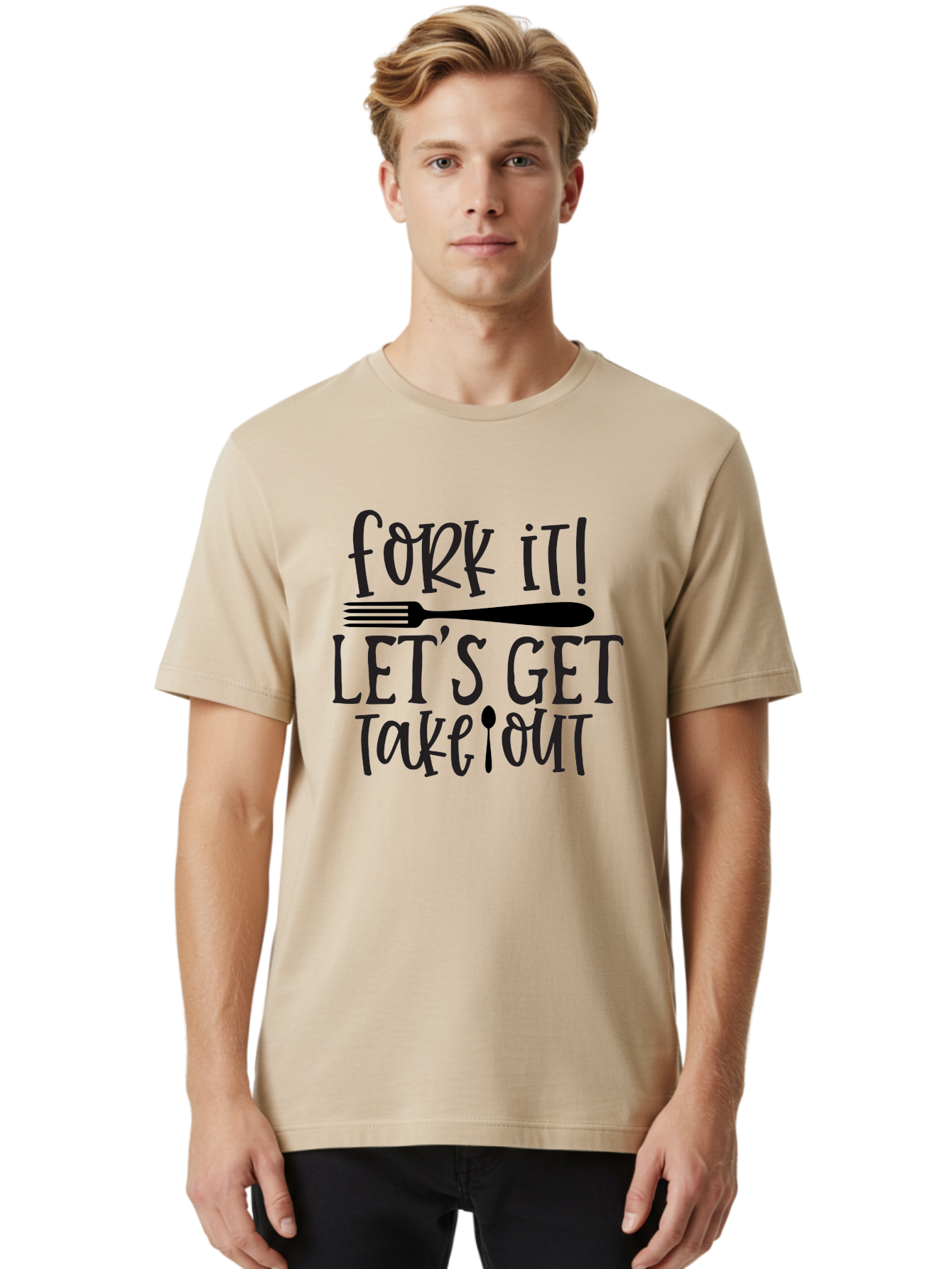 Fork-It-Let-S-Get-Takeout Men'S Graphic Tee, 100% Cotton, Comfortable Casual Summer Wear, Machine Washable, Funny Food Quotes, Takeout Humor, Restaurant Puns, Fork It, Let'S Get Take Out, Foodie Jokes, Dining Humor, Eating Out, Meal To Go Aab580