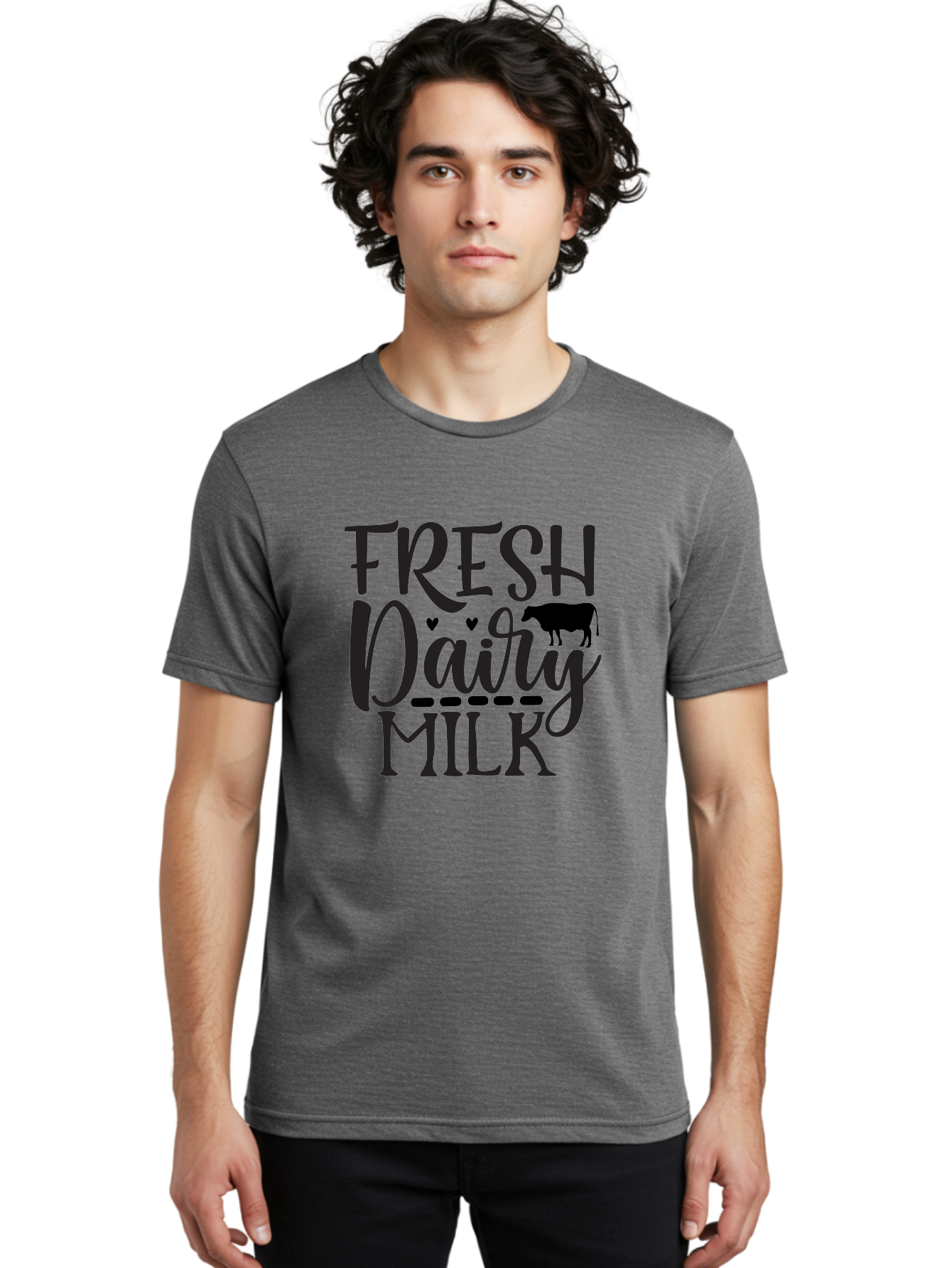Fresh-Dairy-Milk Men'S Graphic Tee, 100% Cotton, Comfortable Casual Summer Wear, Machine Washable, Fresh Dairy Milk, Cow Silhouette, Hearts, Rustic Font, Dairy Products, Milk Advertisement, Farm Fresh, Dairy Farm, Milk Packaging, Cow Graphics Aab581
