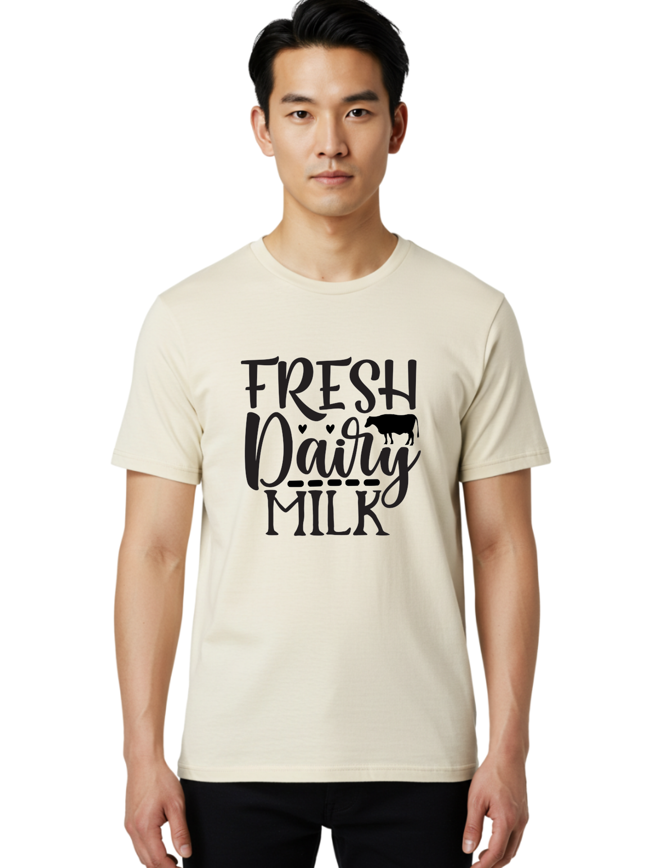 Fresh-Dairy-Milk Men'S Graphic Tee, 100% Cotton, Comfortable Casual Summer Wear, Machine Washable, Fresh Dairy Milk, Cow Silhouette, Hearts, Rustic Font, Dairy Products, Milk Advertisement, Farm Fresh, Dairy Farm, Milk Packaging, Cow Graphics Aab581