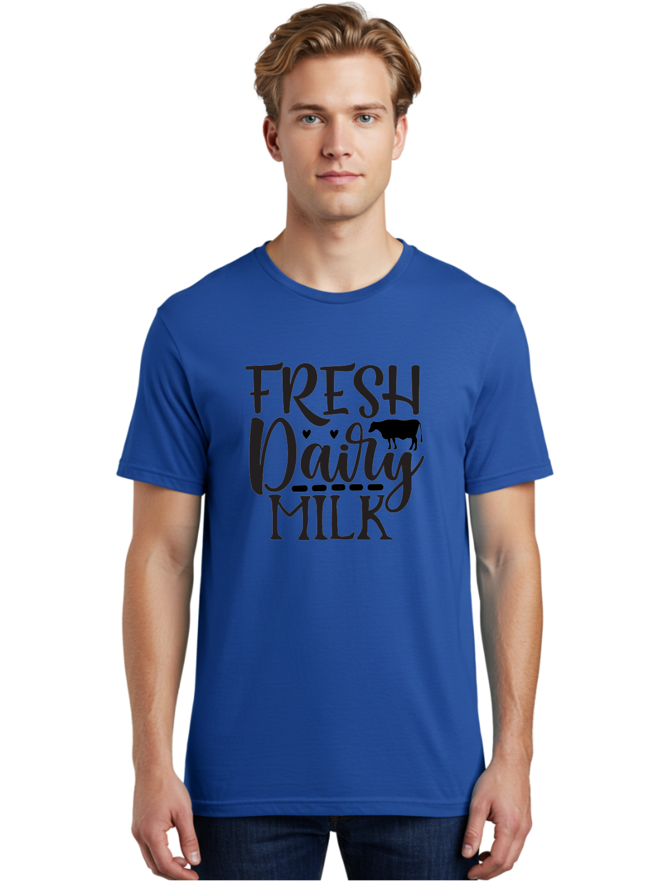 Fresh-Dairy-Milk Men'S Graphic Tee, 100% Cotton, Comfortable Casual Summer Wear, Machine Washable, Fresh Dairy Milk, Cow Silhouette, Hearts, Rustic Font, Dairy Products, Milk Advertisement, Farm Fresh, Dairy Farm, Milk Packaging, Cow Graphics Aab581