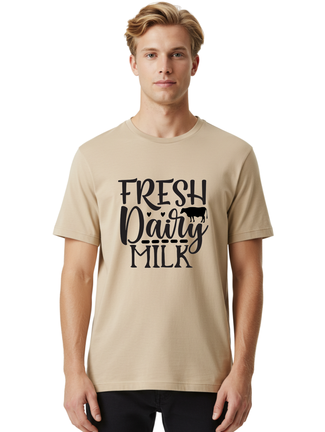 Fresh-Dairy-Milk Men'S Graphic Tee, 100% Cotton, Comfortable Casual Summer Wear, Machine Washable, Fresh Dairy Milk, Cow Silhouette, Hearts, Rustic Font, Dairy Products, Milk Advertisement, Farm Fresh, Dairy Farm, Milk Packaging, Cow Graphics Aab581